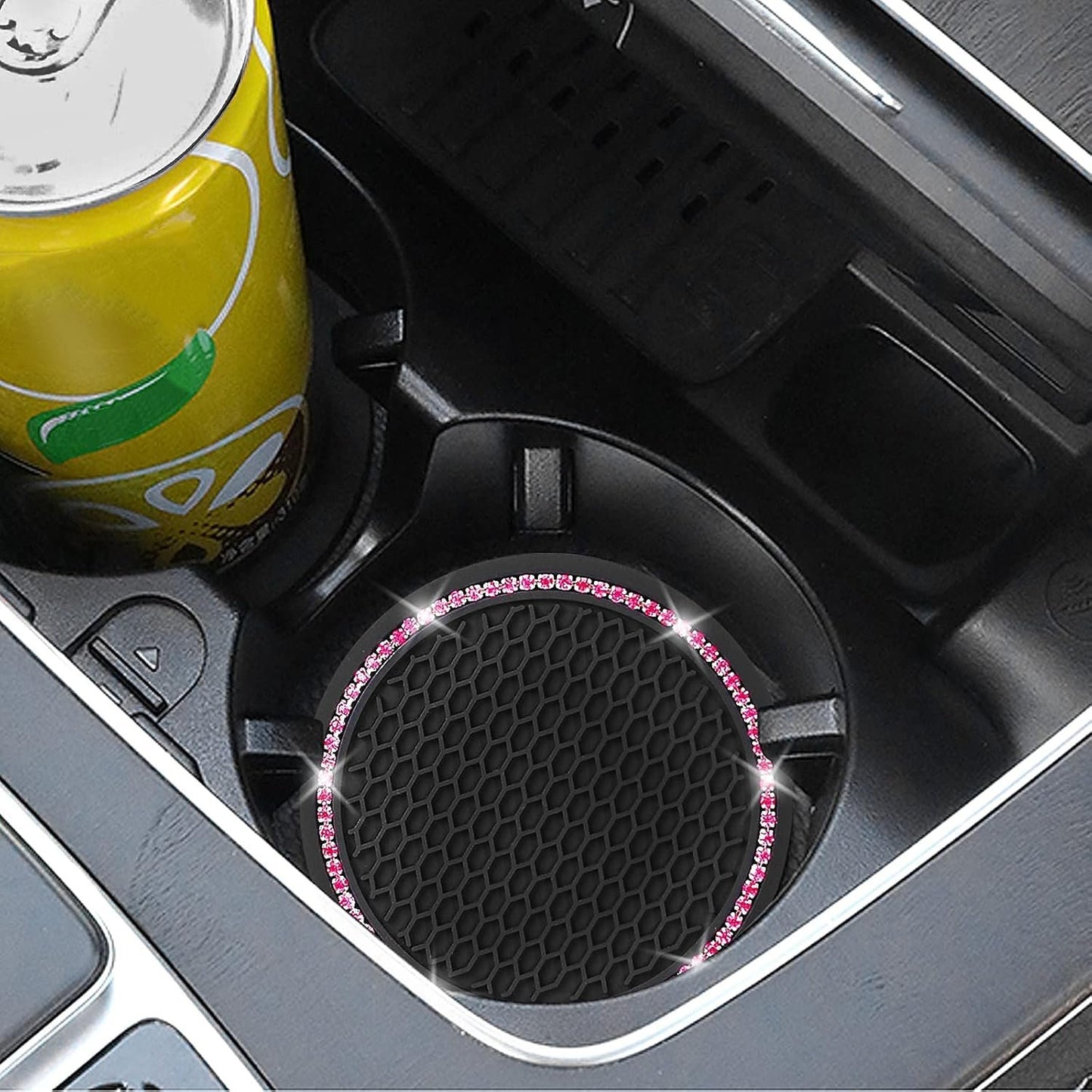 4 Pack Car Coasters, Universal Vehicle Bling Car Coaster, Crystal Rhinestone Coaster for Cup Holders,Interior Accessories 2.75'' Silicone Anti Slip Car Coasters for Women (Pink Crystal Circle)