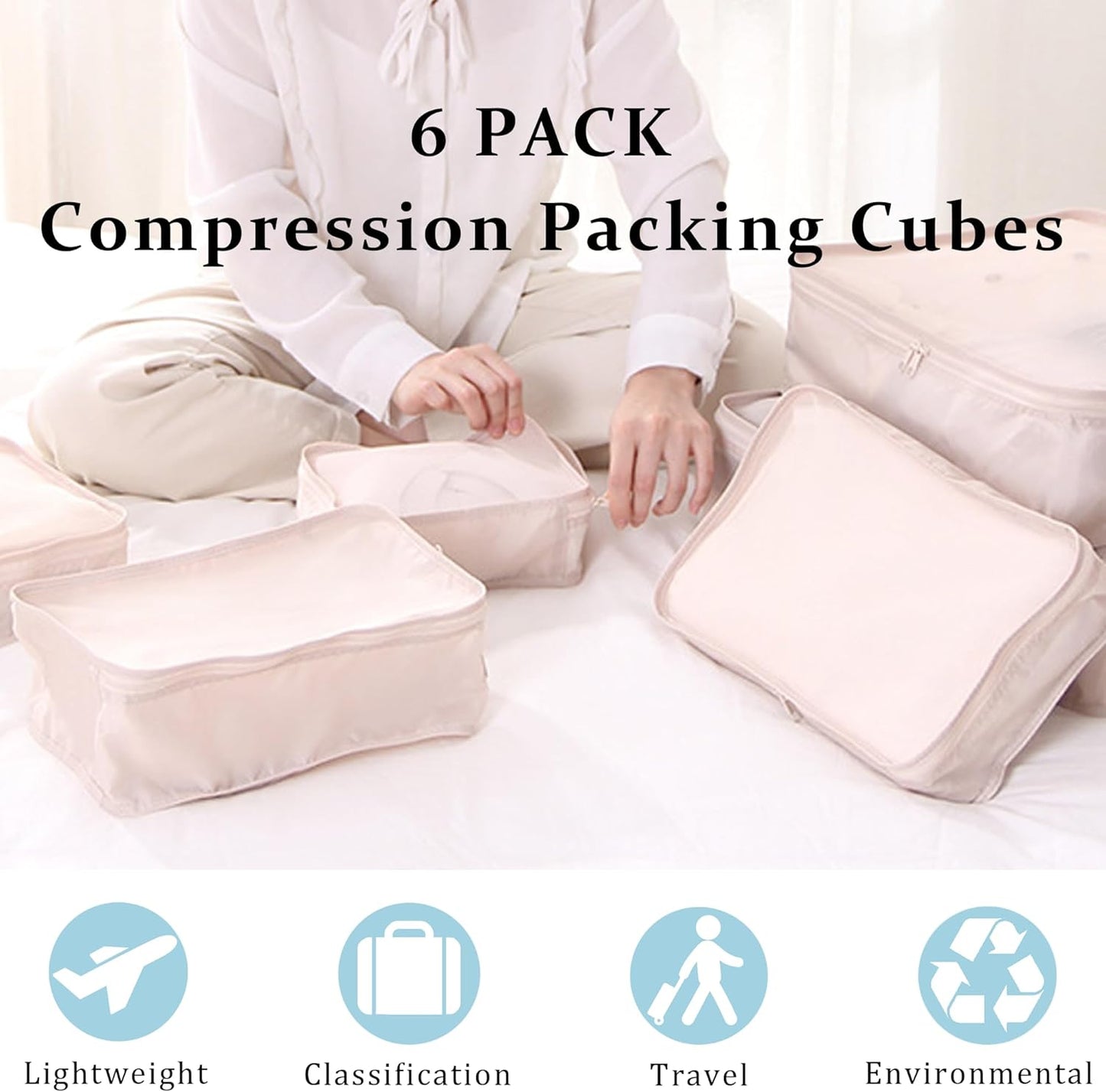 JOVALA Travel Packing Cubes 6 PCS Set Compression Cubes Luggage Suitcase Organisers Bags Pouch Clothing Sorting Packages Lightweight Travel Essentials (Beige)