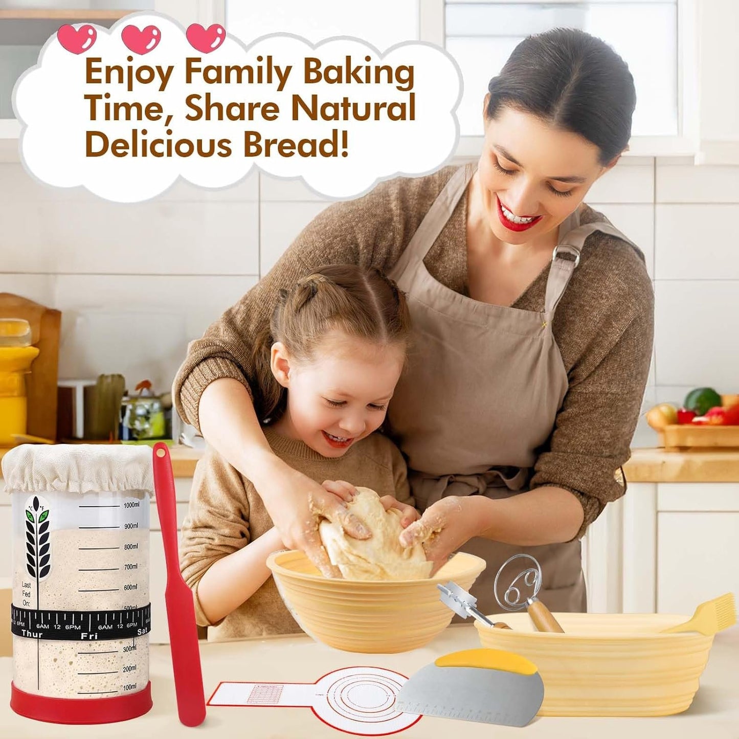 BakeEase Sourdough Starter Kit, 40oz Sourdough Jar, 2 Silicone Proofing Baskets, Thermometer, Feeding Tracker, Sourdough Recipe, Dutch Oven Sling, Scrapers, 18PCS Sourdough Bread Baking Supplies