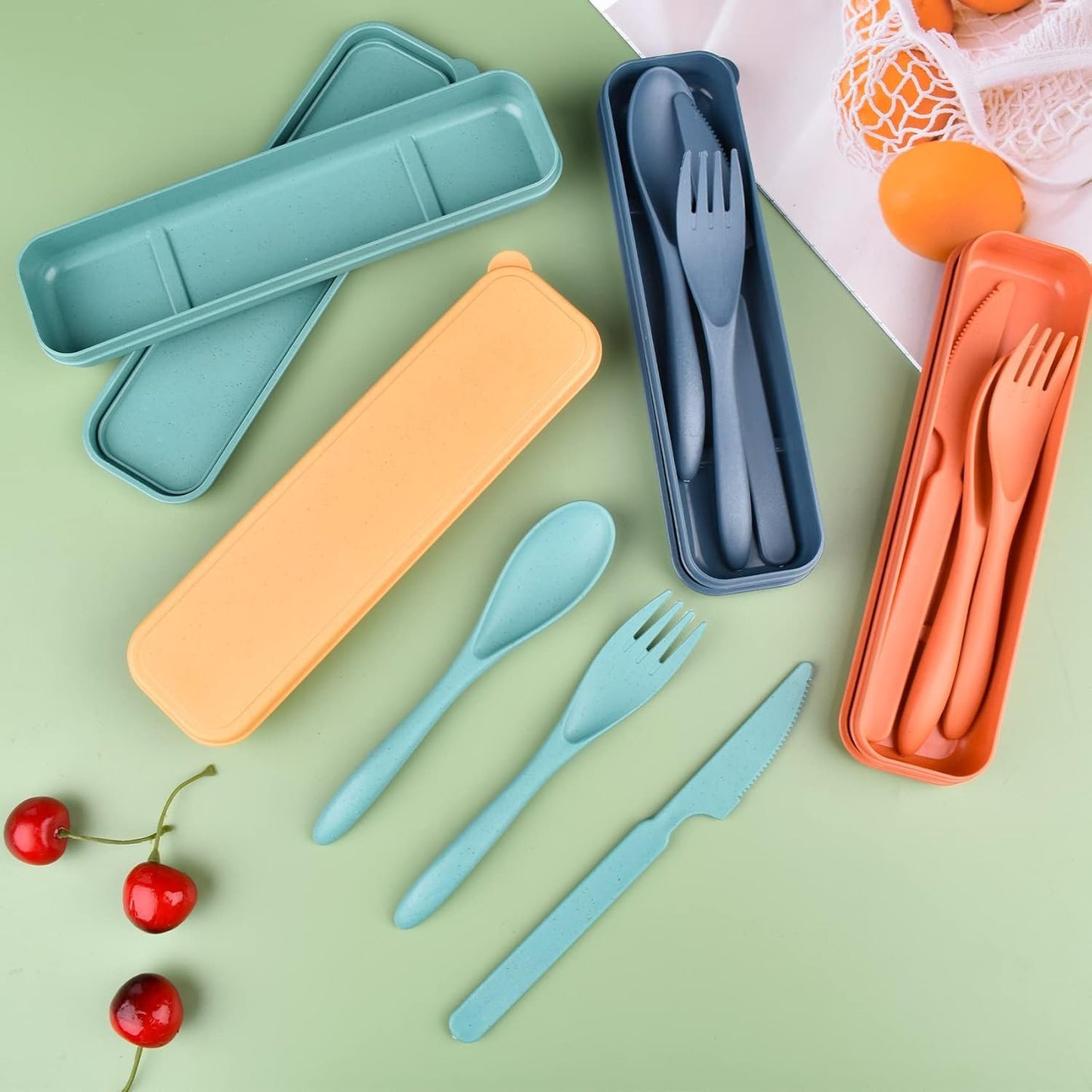 Reusable Wheat Straw Cutlery with Case, Portable Dark Utensils Set for Adults, Tableware Camping Cutlery Set for 4 People, Travel Utensils for Kitchens, Dishwasher Safe