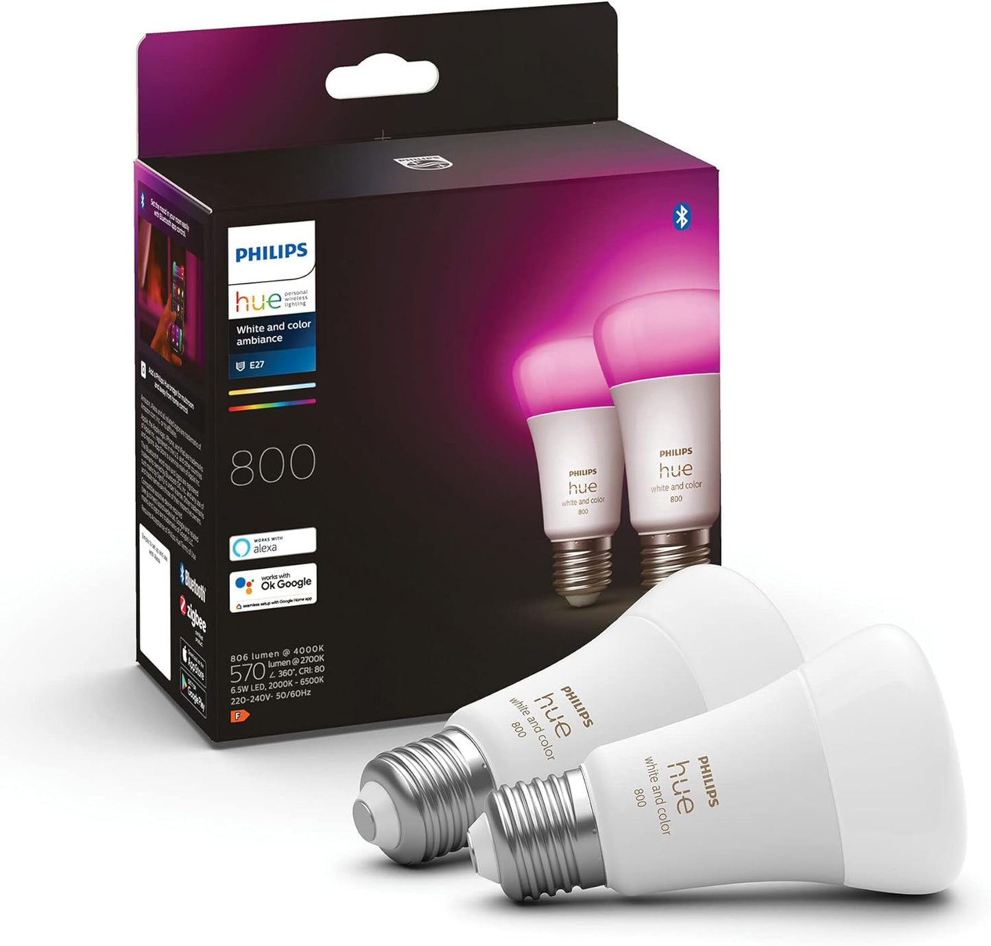 Philips Hue White and Color Ambiance Smart LED Light Bulb, E27, White or Coloured Light, 15W, Pack of 2