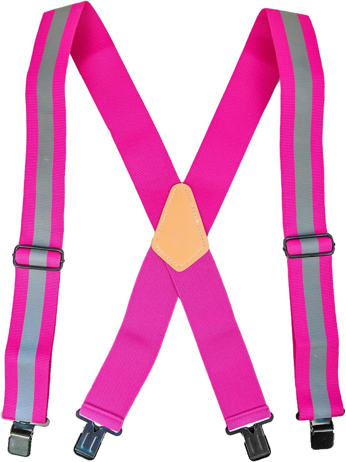 Reflective Safety Pink Suspenders|Work Suspenders with Hi Vis Reflective Strip Hold Up Tool Belt Suspenders Pink Relective, Adjustable Size