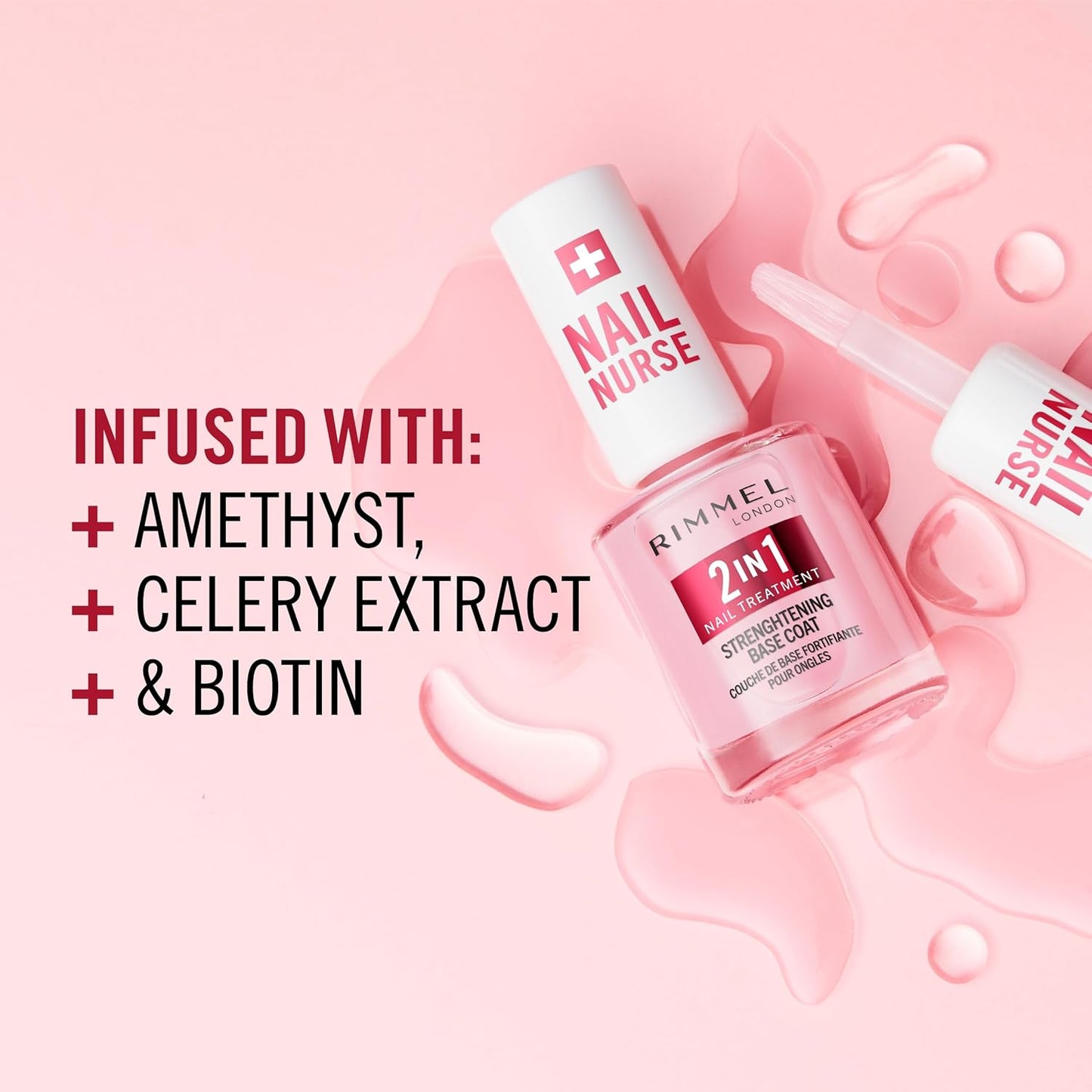 Rimmel London, Nail Care Base & Strengthener 2 in 1 Protects and Stimulates Growth - Fast Drying Vegan Formula with Celery Extract, Biotin and Amethyst 12ml