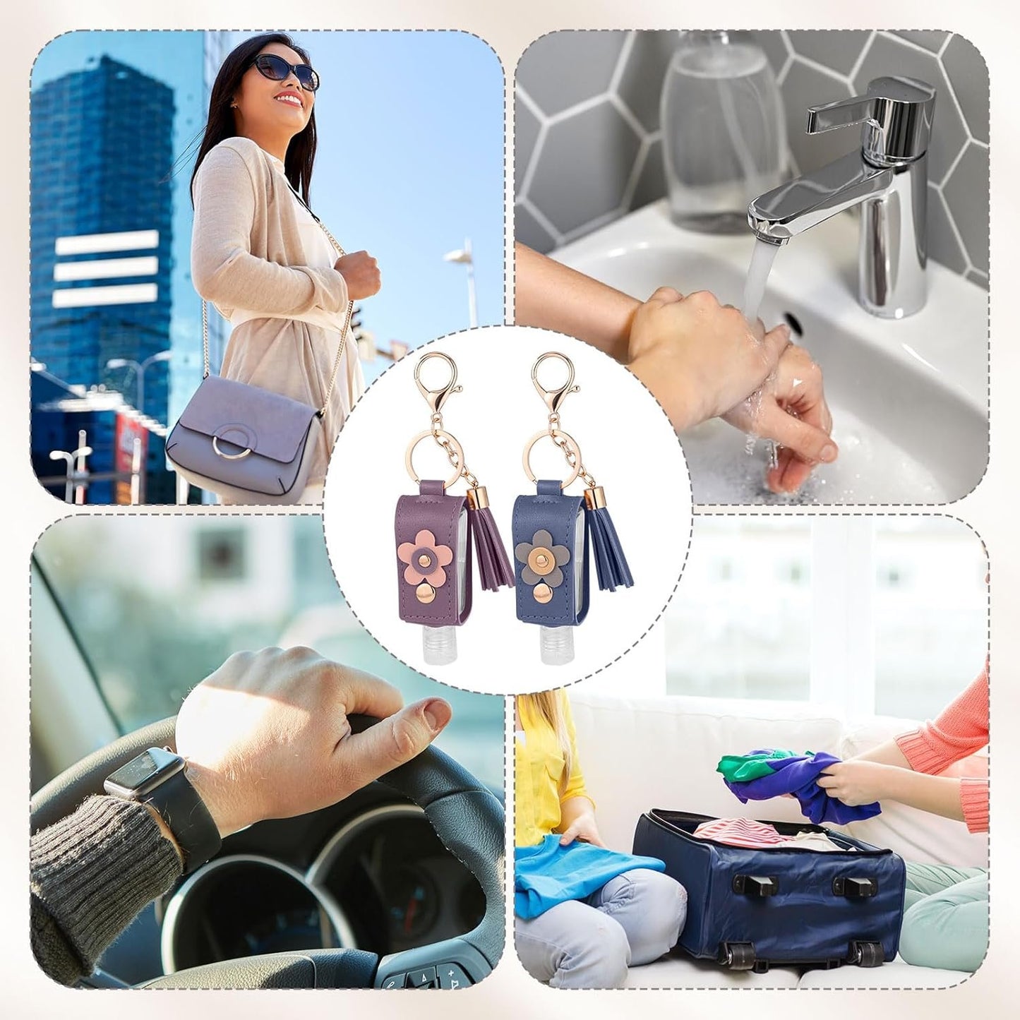 4pcs Hand Sanitizer Keychain, 30ml Refillable Empty Hand Sanitizer Carrier Case with Lobster Clasp, Leak-Proof Travel Size Bottles Toiletries Containers for Lotion Liquid Soap Shampoo (4 Colors)