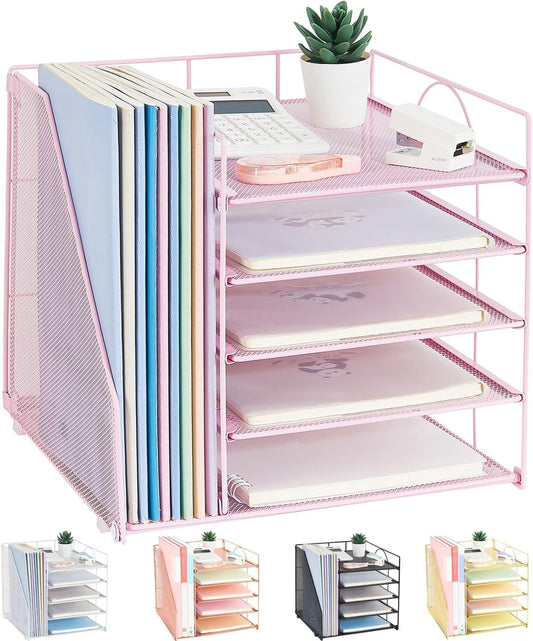 LEKETREE Desk Organizers and Accessories, 5-Tier Paper Letter Tray Organizer with File Holder, Desktop Organizer for Office Supplies, Office Desk Accessories & Workspace (Pink)