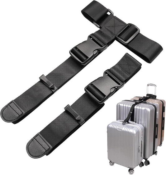 2 Pack Add a Bag Luggage Strap,Ling-Luo Adjustable Suitcase Belt Travel Attachment Travel Accessories for Connect Your 3 Luggages, Black