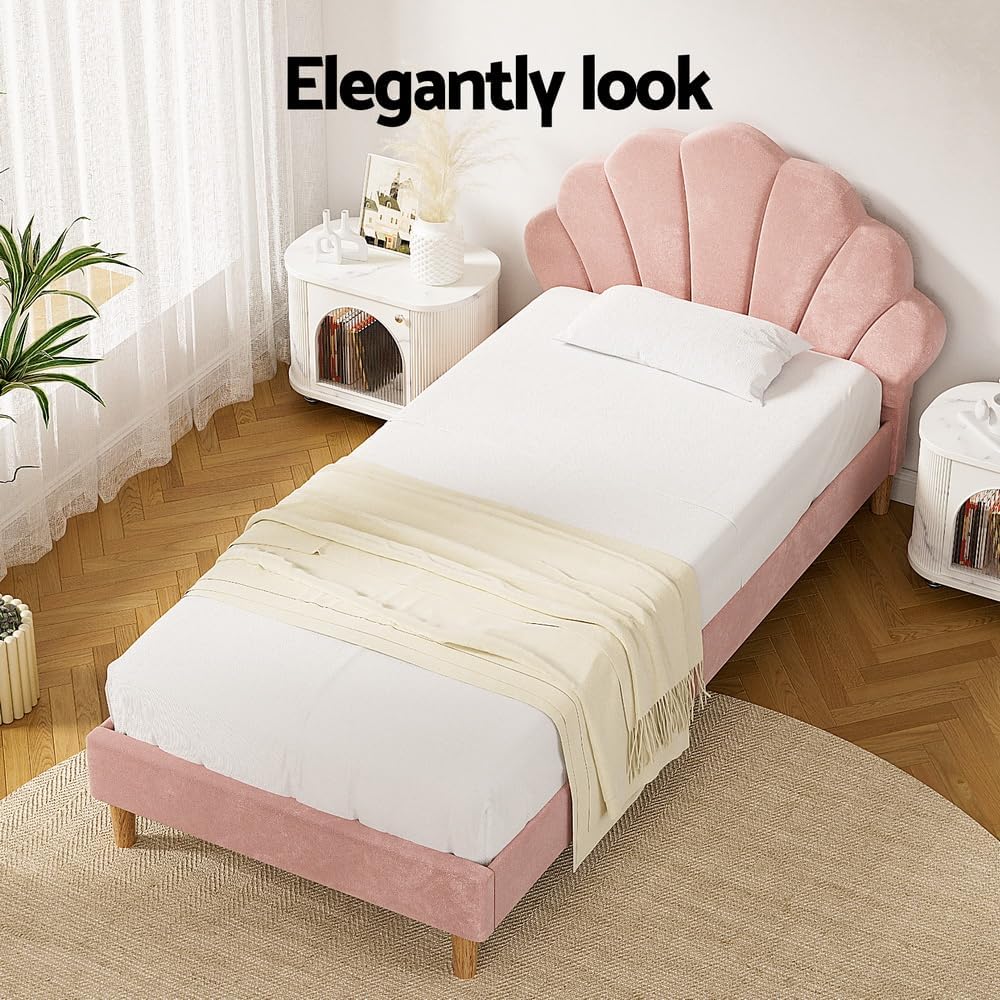 Artiss Bed Frame King Single Scallop-Shape BedHead Beds Base Pink Velvet Fabric
