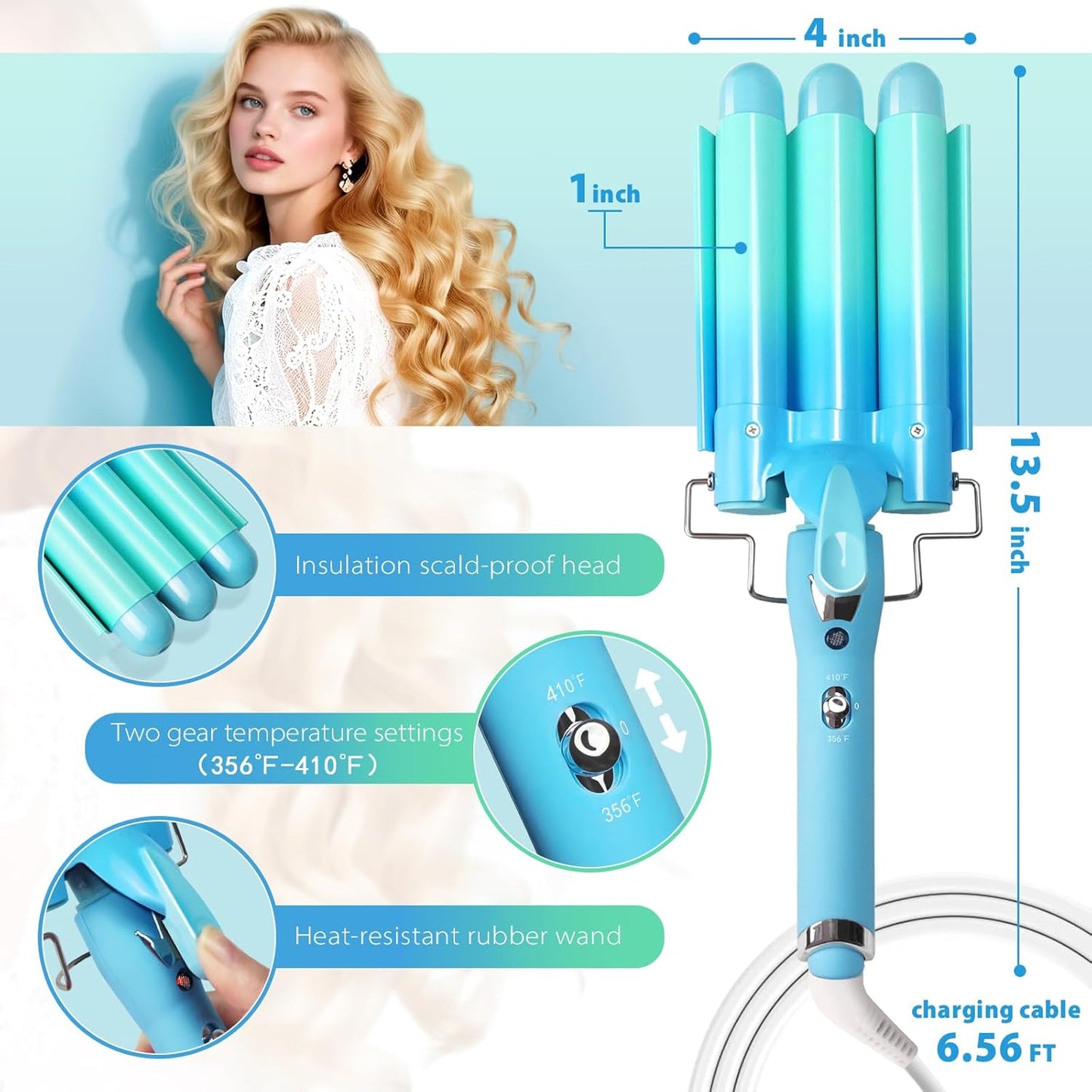 3 Barrel Curling Iron Hair Crimper: Aleath Dual Voltage Adjustable Temperature Three Barrels Hair Waver - Ceramic 1 inch Curler Wand(Blue)