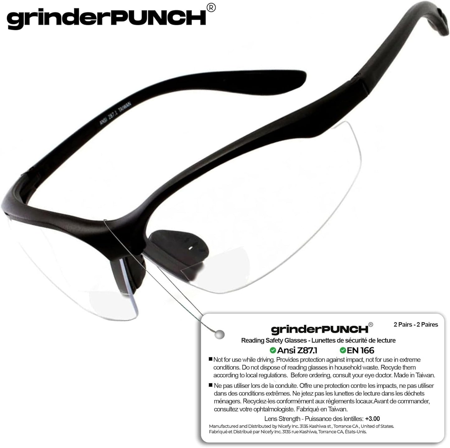 2 Pairs Bifocal Safety Glasses Clear Lens with Reading Corner - Non-Slip Rubber Grip Diopter/+3.00