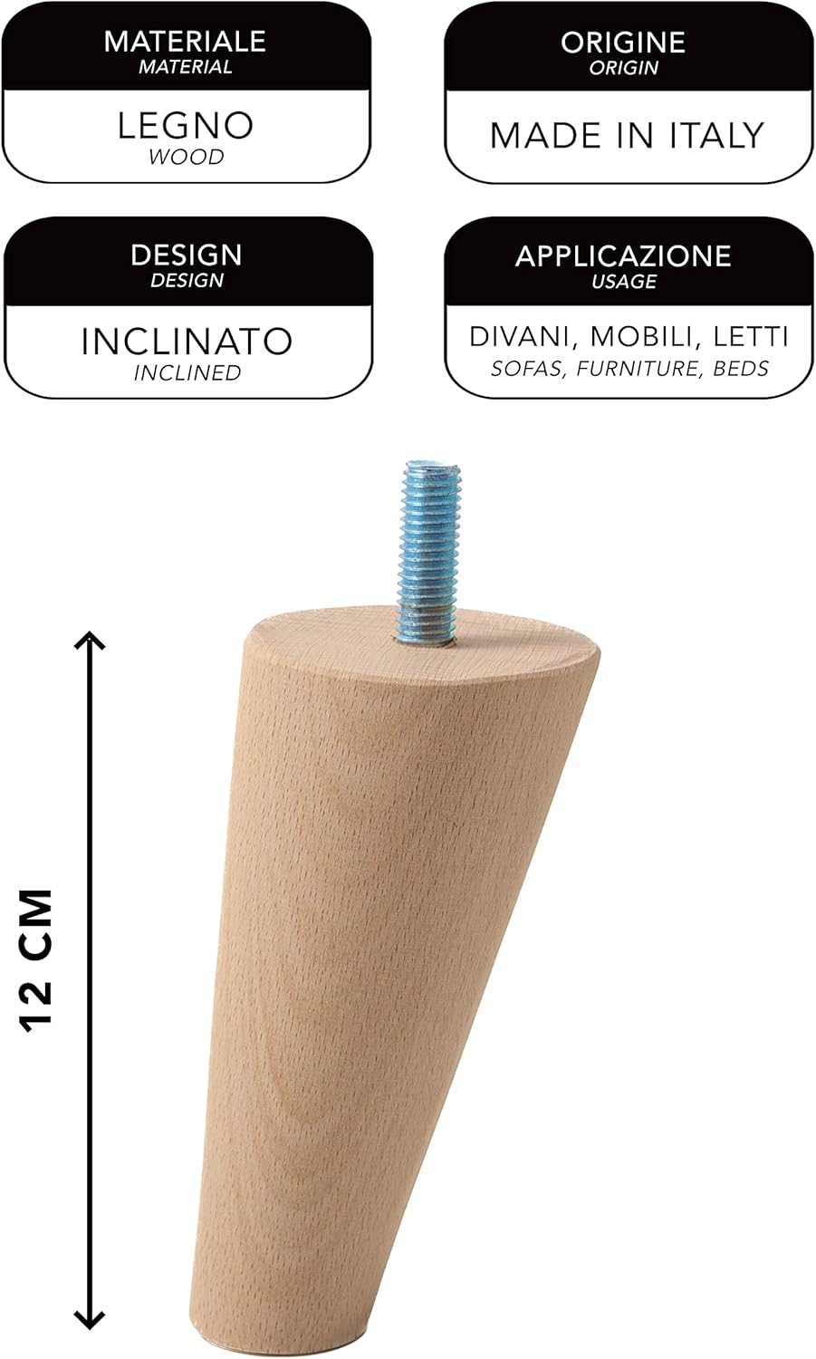 IPEA Furniture and Sofa Feet Height 12 cm Made in Italy - Slanted with Cone Shape - Screw M10 - Set of 4 Legs for Wardrobes, Armchairs, Beds - Beech Wood Feet - Light Colour