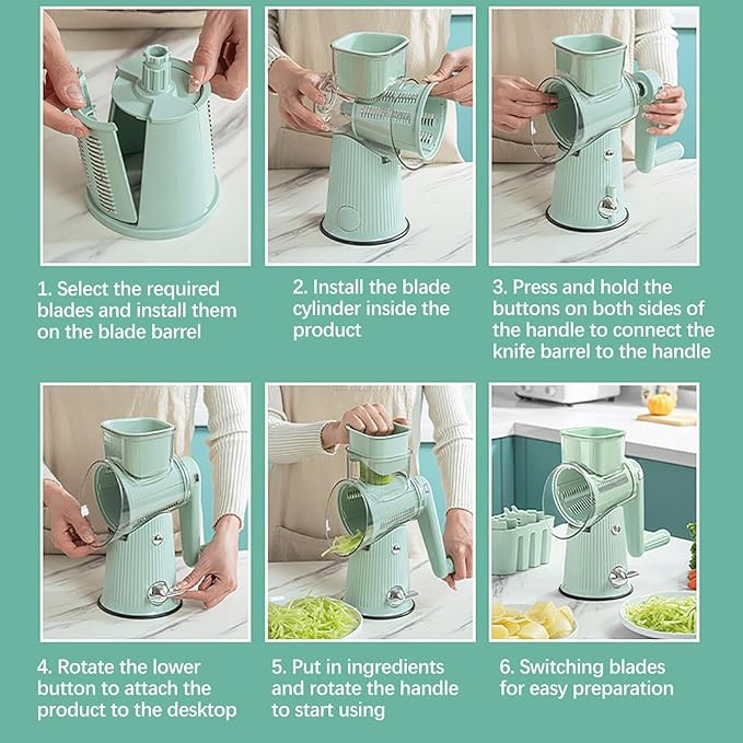 5 In 1 Rotary Cheese Grater Vegetable Slicer for Kitchen, Potato Ricer Microplane, Carrot Shredder Tool-Food Shredders with 5 Sets Interchangeable Blades And Strong Suction Base (Green)