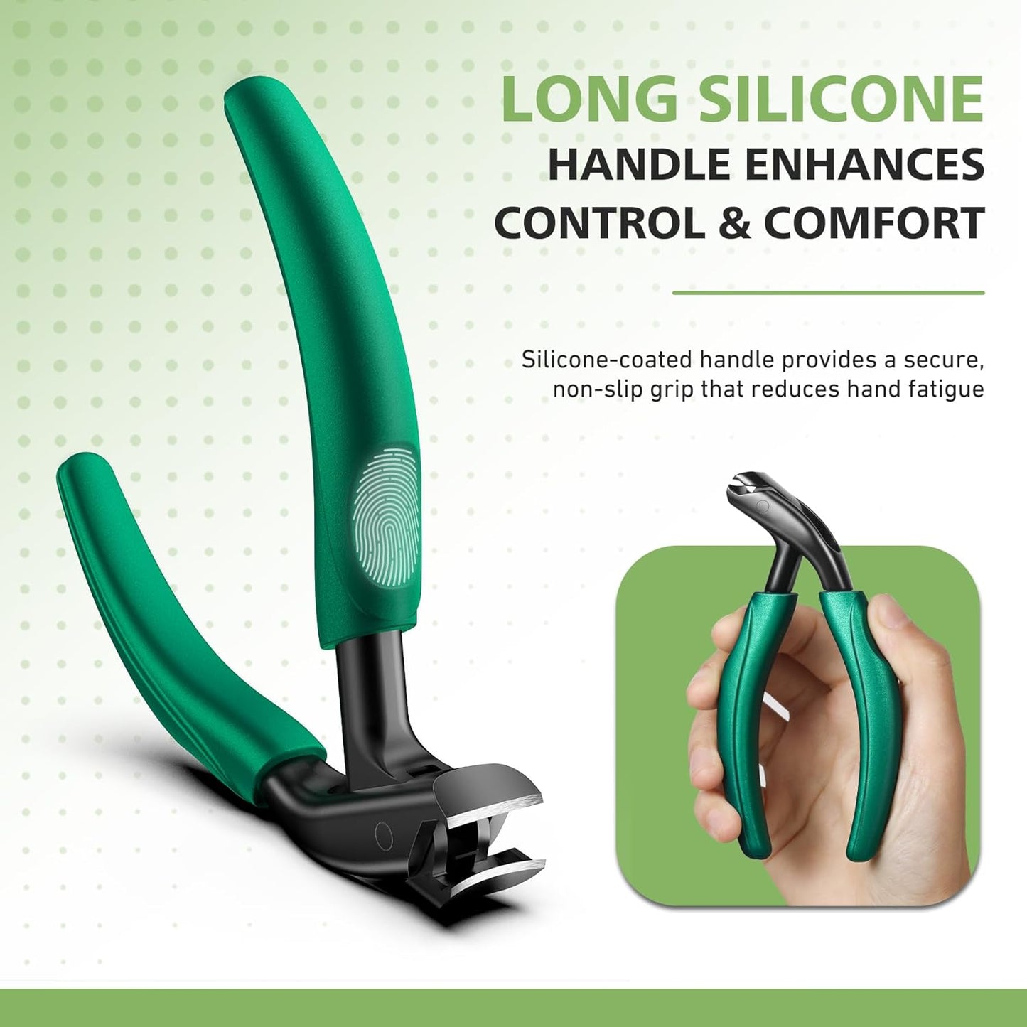 BALUCA Curved Head Toenail Clippers for Seniors for Thick Toenails, Long Handle Toe Nail Clippers with Catcher, German Stainless Steel Angled Nail Clippers with Silicone-Grip - Green