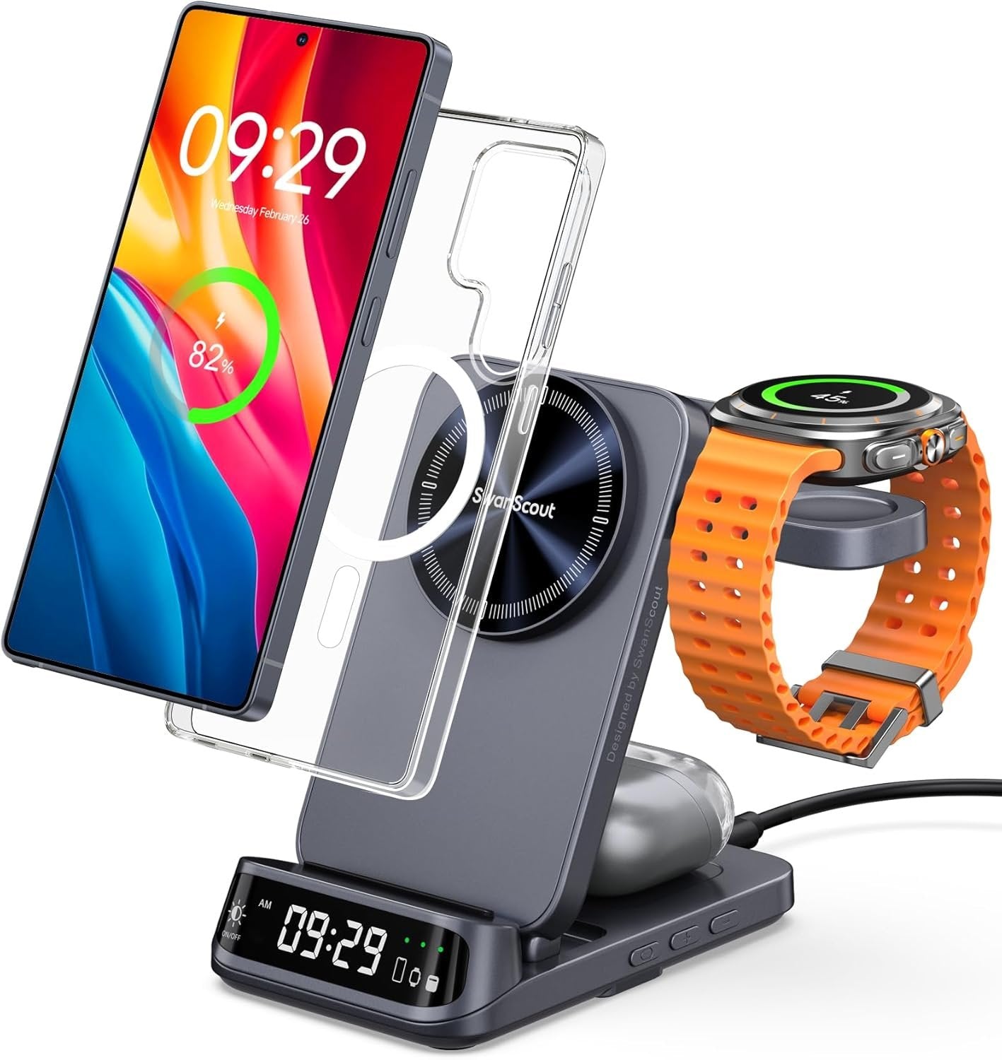 SwanScout 708SM Magnetic Charger for Samsung, Wireless Charging Station for Galaxy S25/S24/S23/S22/Z Fold 6, Charger Galaxy Watch 7/6/5 Pro/Ultra & Buds Pro/Live