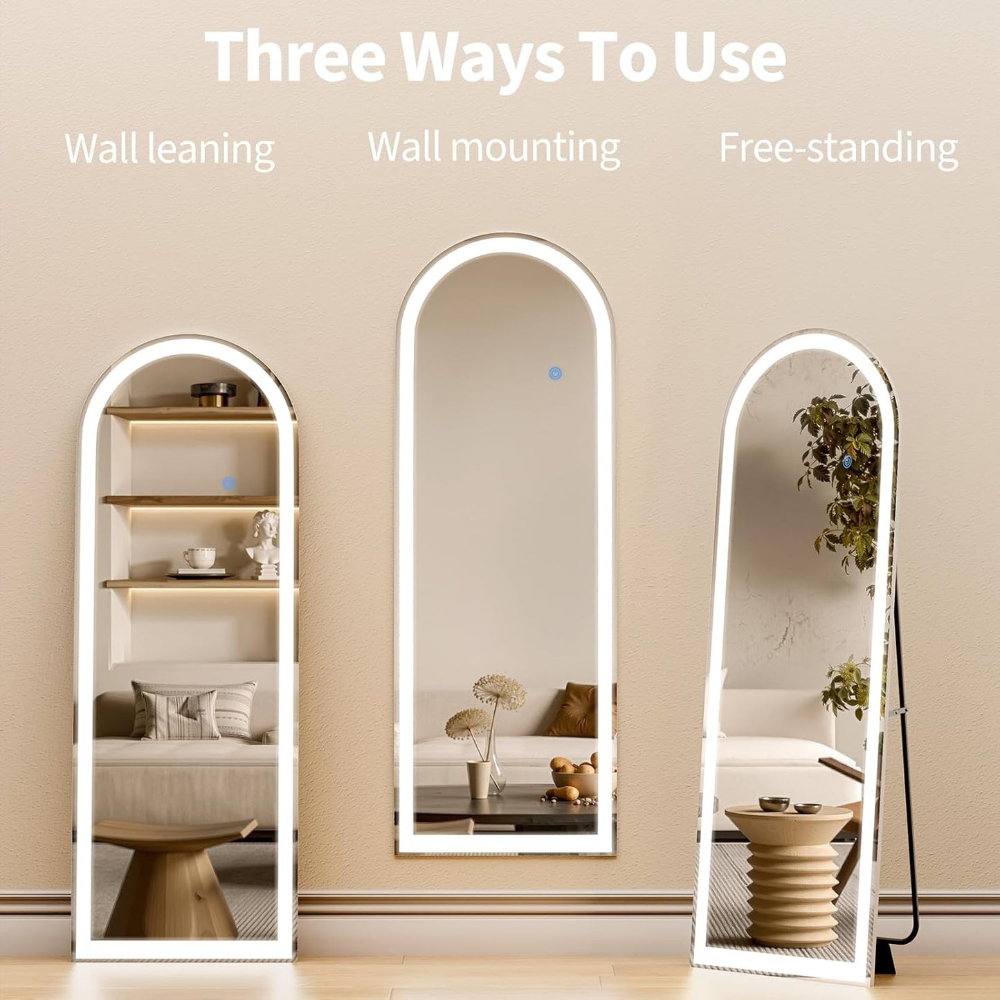 Koonmi Arched LED Full Length Mirror 20" x 56" Wall Mounted/Standing Full Body Mirror with Dimmable & 3 Color Lighting, Aluminum Alloy Frame, Tempered Glass, Safe to Use, for Bedroom/Cloakroom