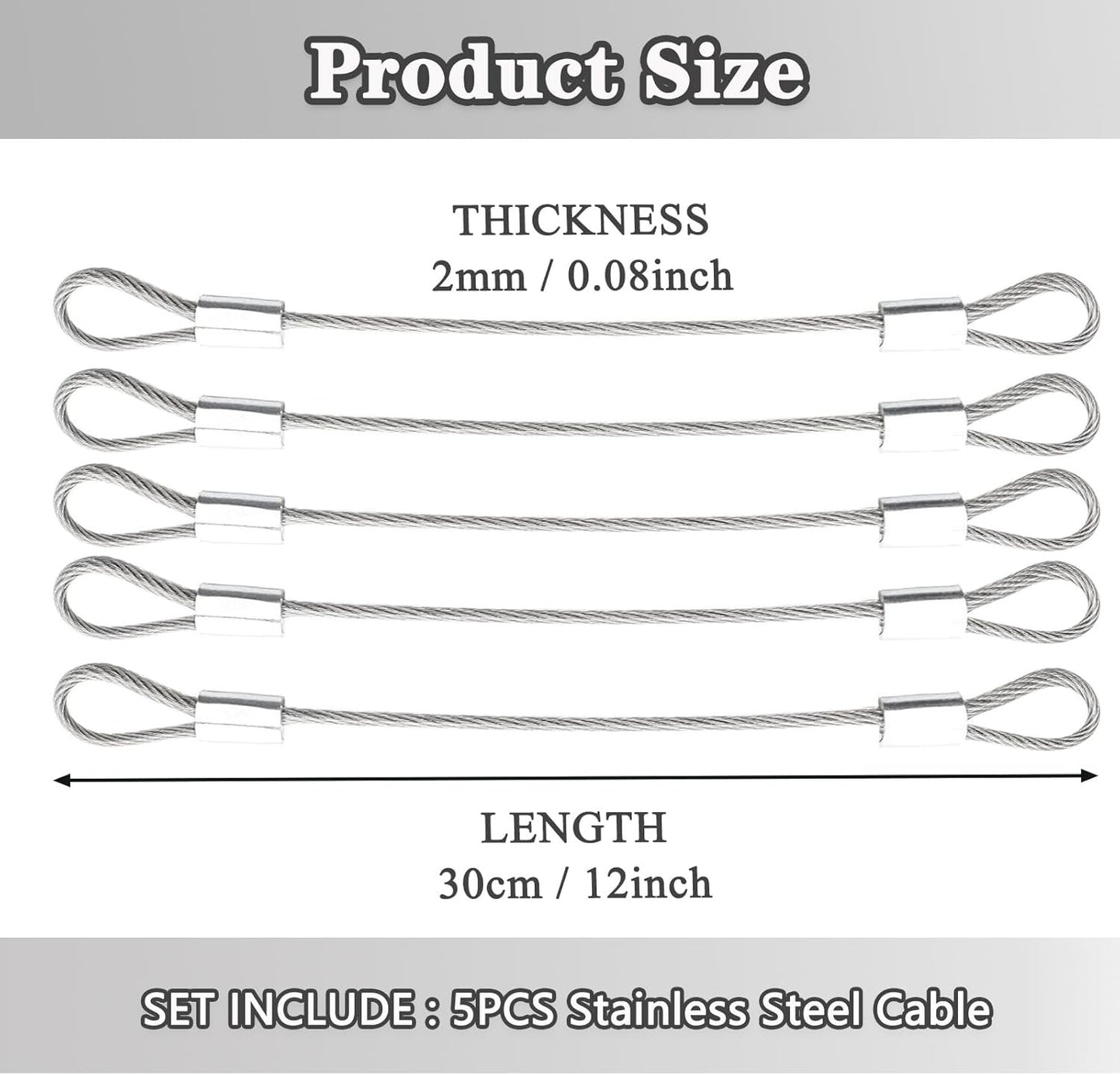 Stainless Steel Cable with Loops, Vinyl Coated Wire Rope Lanyard Lock Security Chains for Outdoor Gates, Stage Lighting, Luggage Lock Wire Rope with Loops 2mm Thickness 12inch Length - 5 Packs