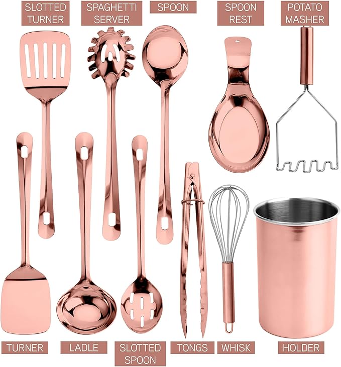 COOK WITH COLOR Kitchen Utensil Set - 10-piece premium Nonstick & Heat Resistant Kitchen Gadgets, Turner, Spaghetti Server, Serving Spoons, Whisk, Tongs, Masher & Utensil Holder, Rose Gold