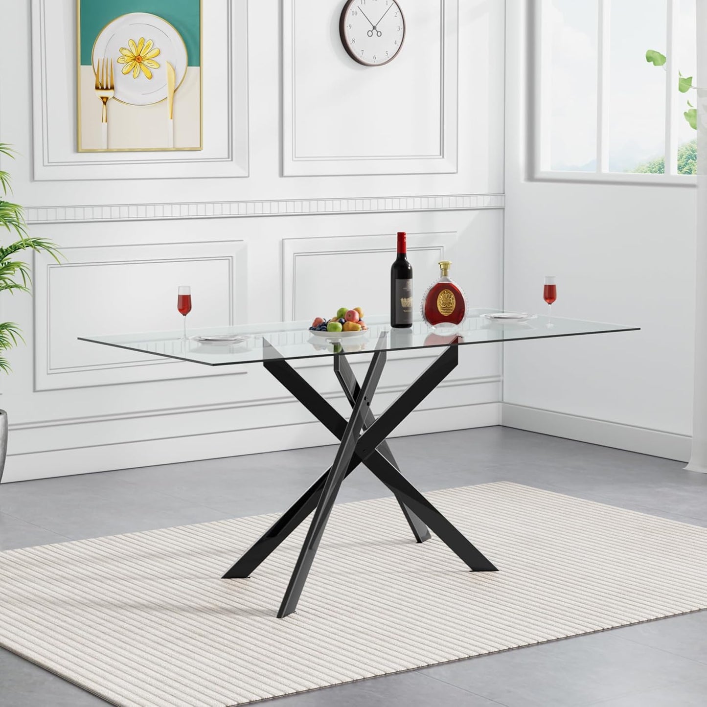 51inch Modern Dining Table for 4, Glass Kitchen Dining Room Table for 4, 0.32" Rectangular Tempered Glass Tabletop and Black Metal Legs,Rectangle Clear Glass Table for Kitchen, Dining Room