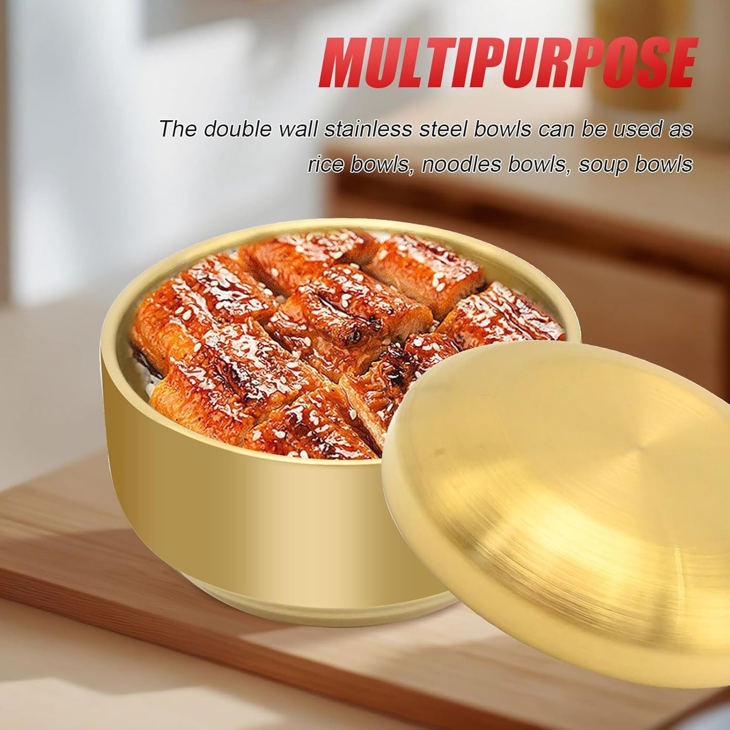 Aynaxcol Stainless Steel Rice Bowl with Lid, Set of 2, for Korean Kitchen Restaurant, Double-walled Metal Bowls, Multi-Purpose Insulated Soup Bowls Snacks Bowls (11.5cm Gold)