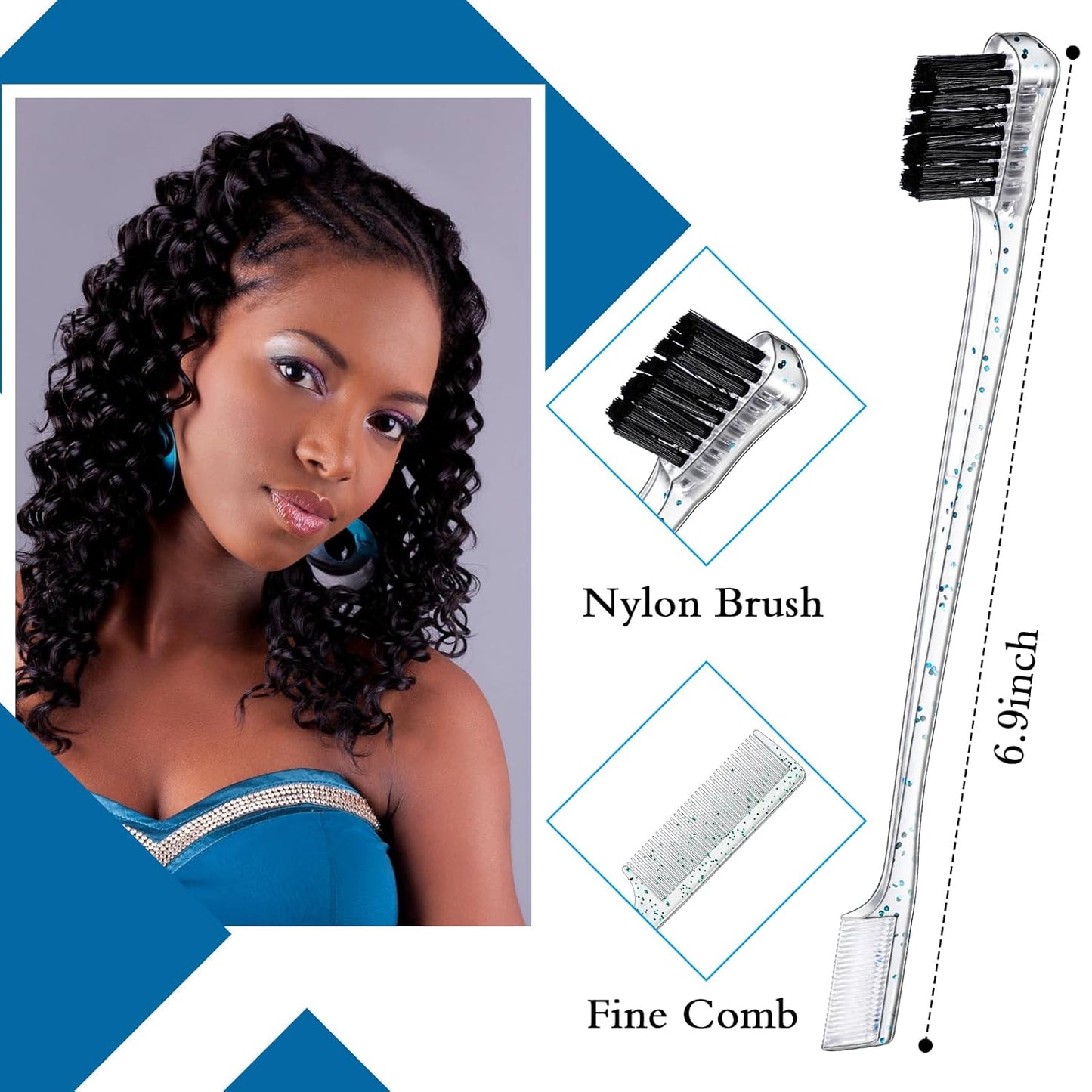 Geiserailie 3 Pcs Slick Back Hair Brush Set Bristle Brush Edge Control Teasing Comb for Women Black Hair(Clear Blue)