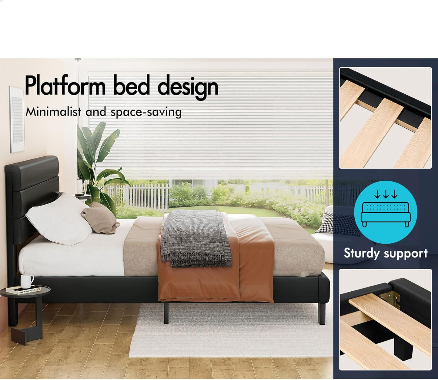 ALFORDSON Bed Frame Base King Single Size with Headboard, Bed Platform Foundation with PU Leather Upholstered for Mattress Topper, Harlene Series Black