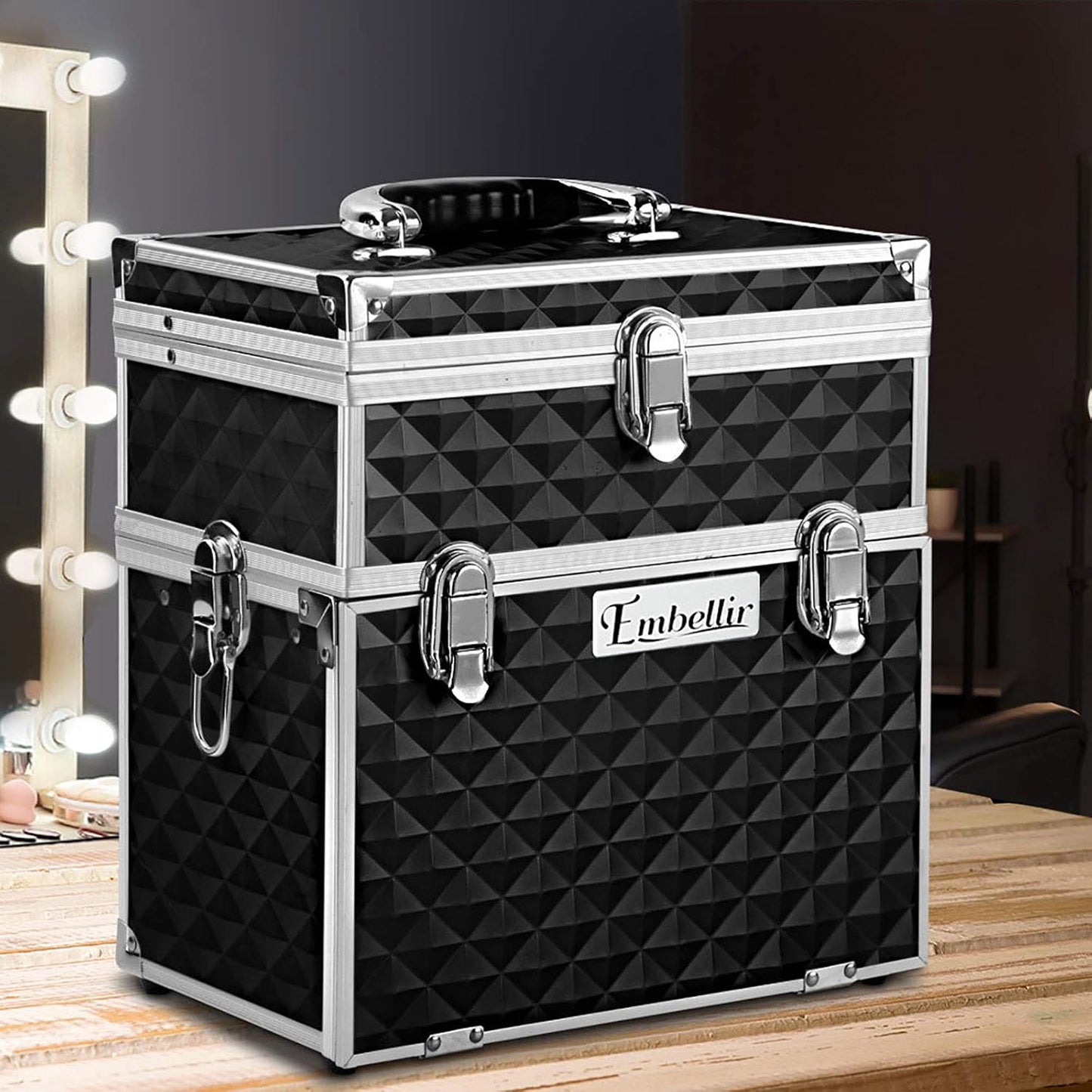 Embellir Makeup Case, Aluminium Beauty Cases Suitcase Make Up Large Organisers Storage Portable Toiletry Cosmetic Box Travel Indoor Outdoor Accessories, with 2 Sliding Trays Level Section Black
