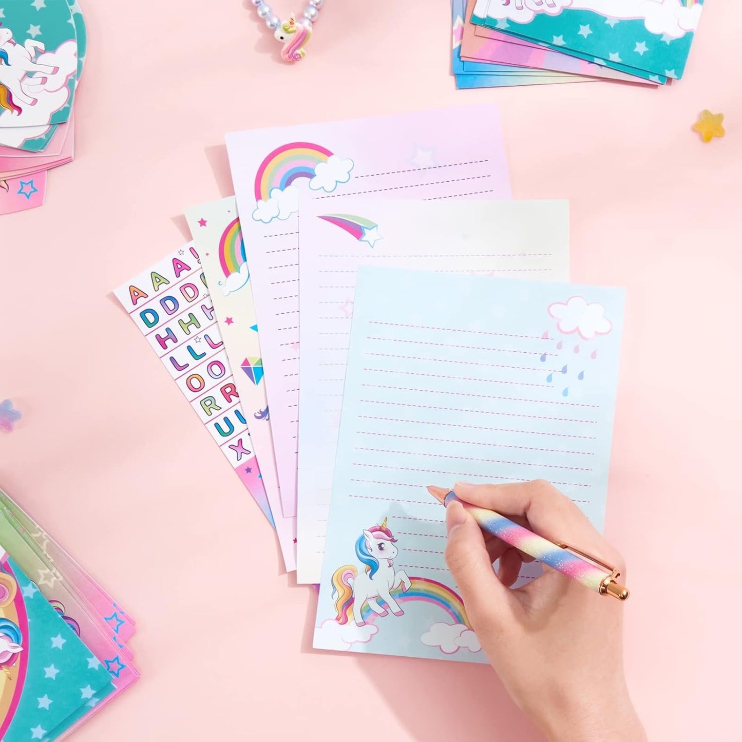 Unicorn Stationery Set - 69 PCS Letter Writing Paper Kit for Girls Kids Unicorns Gifts for Girls Stationery Writing Sheets with Envelopes Greeting Cards Stickers Ballpoint Pen