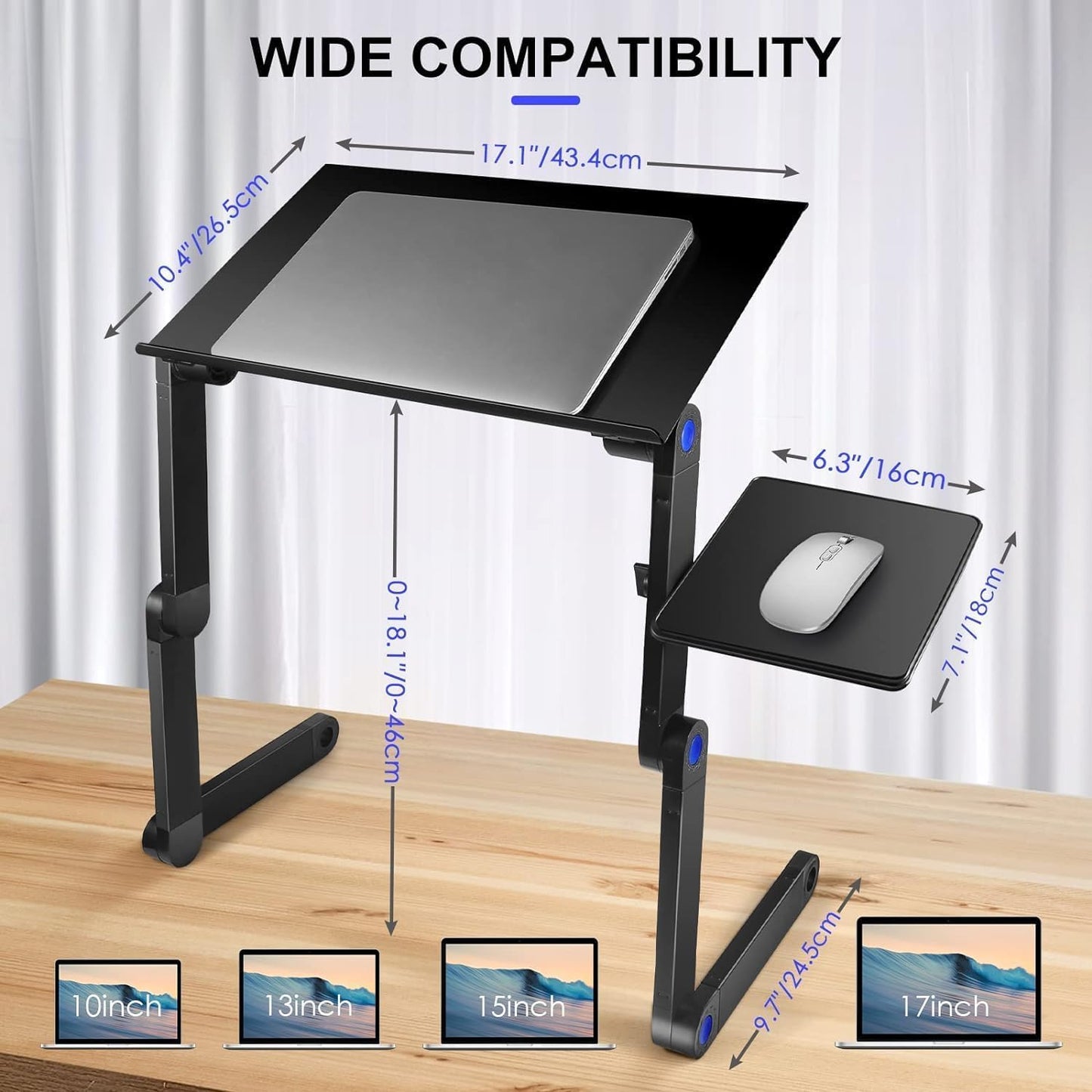 Desk Stand Table with Cooling Fan, Foldable Adjustable Aluminum Portable Laptop Stand Work Study Tv Bed Lap Tray Flexible Portable Reading Holder with CPU Fans Side-Mount Mouse Pad (Black)