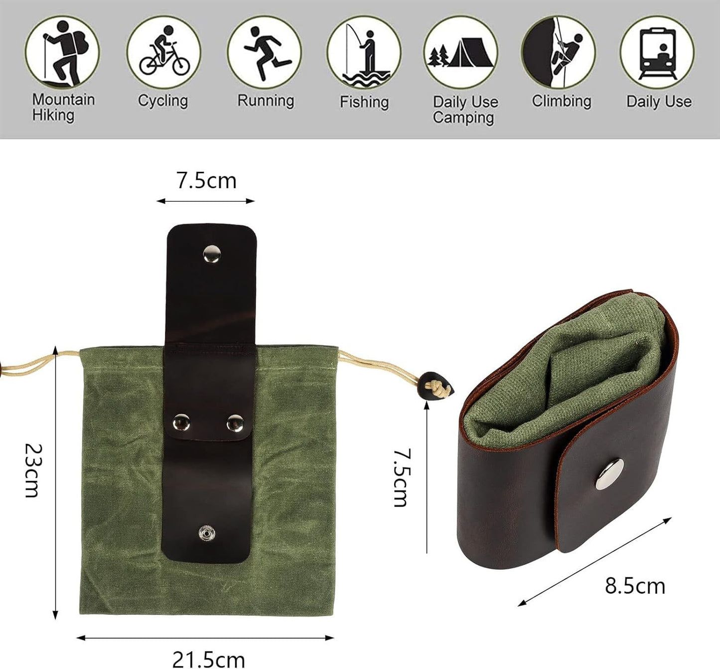 phpingan® Genuine Leather Foraging Bag with Strap(Non PU Leather), Collapsible Bushcraft Bag with Waxed Canvass Water Proof Belt Pouch, Backpacking Gear for Outdoor Camping Hiking Travel Green