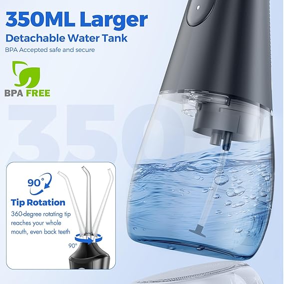Water Dental Flosser Pick: 350ML Portable Cordless Oral Irrigator with 3 Modes Rechargeable Irrigation Cleaner for Teeth Deep Cleaning, IPX7 Waterproof Electric Flossing Machine for Home, Travel-Black