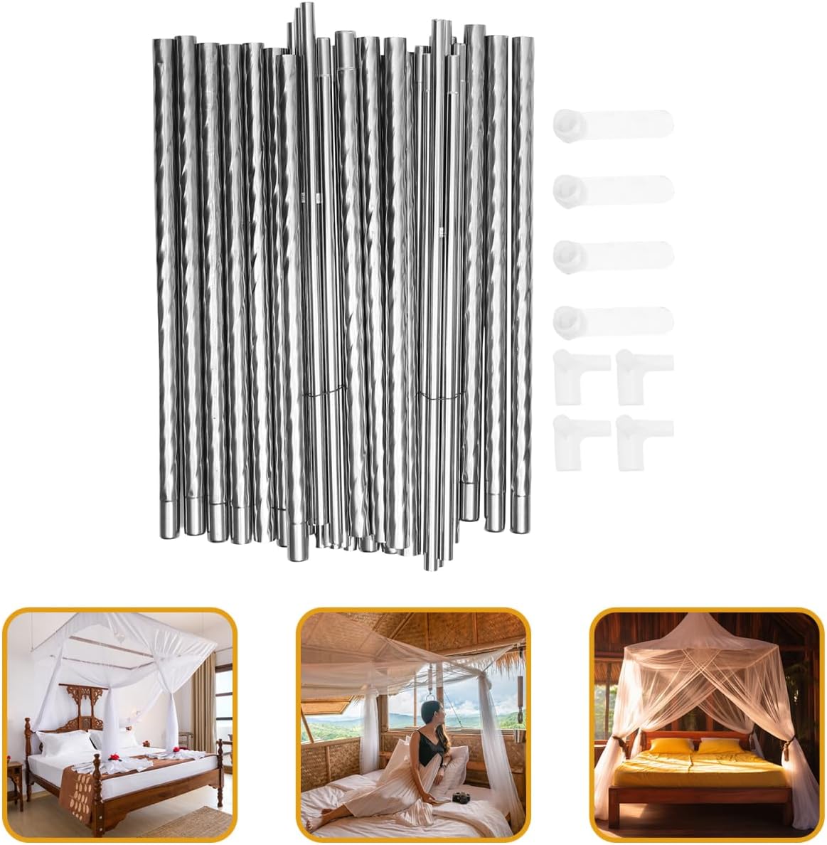 Amosfun Canopy Bed Frames Stainless Steel Four-Poster Canopy Bed Mattress Foundation Canopy Curtain Support Sturdy and Easy Assembly for 1.5m Bed