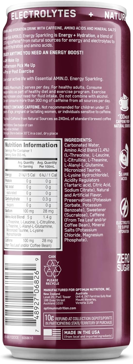 OPTIMUM NUTRITION Amino Energy Sparkling Electrolytes Drink 355 ml, Berry Burst (12 Pack)