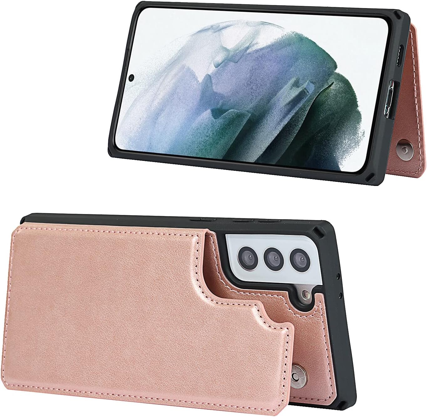 Cavor PU Leather Wallet for Samsung Galaxy S21/ S21 5G Case Flip Magnetic Clasp Back Cover Shockproof Soft TPU Phone Cases with Lanyard & Card Slots Holder & Kickstand Protective Case-Rose