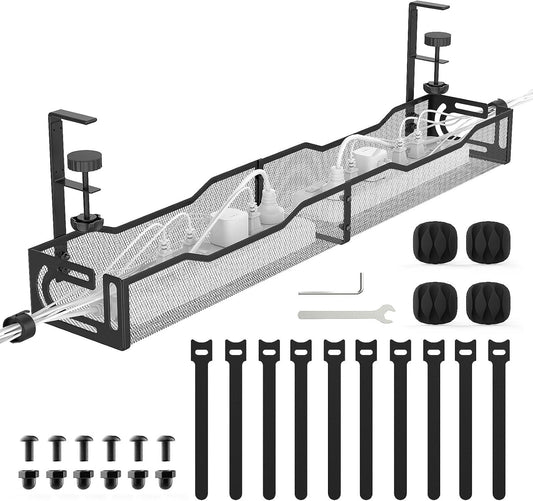 Extended Length Under Desk Cable Management Tray No Drill, Metal Mesh Cable Tray with Clamp for Desk Wire Management, Desk Cable Management Box and Cord Organizer for Office, Home