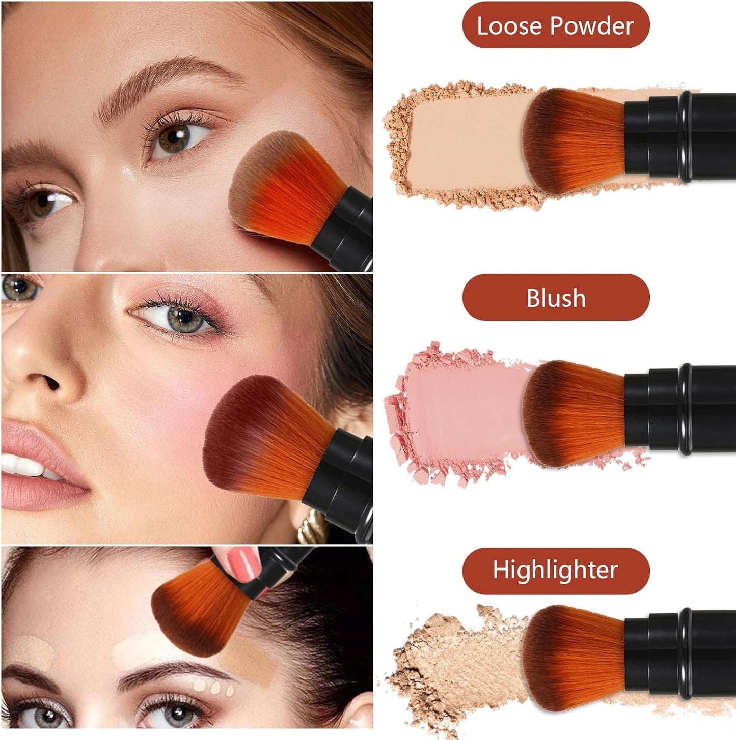 JewelryWe 3 Pieces Retractable Makeup Powder Shadow Brush Face Makeup Accessory