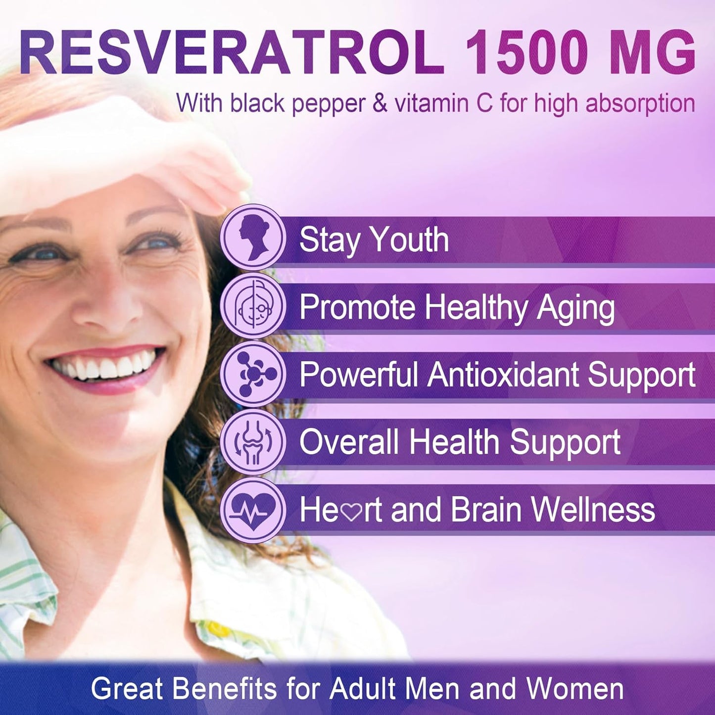 Resveratrol Gummies 1500mg - Made in USA - Sugar Free Resveratrol Supplement with Quercetin, Grape Seed, Acai Berries Extracts Support Antioxidant, Healthy Aging & longevity, Skin, Brain Wellness - 1P