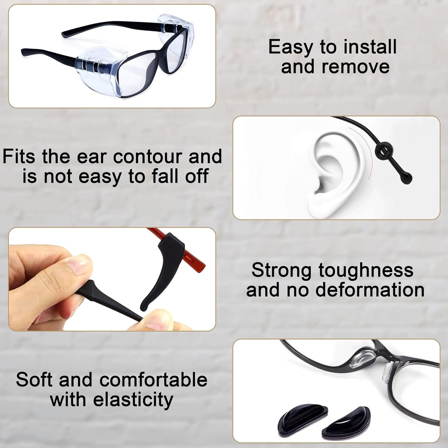 4 Pairs Safety Glasses Side Shields with 14 Pairs Anti-Slip Accessories, Clear and Lightweight Glasses Side Protecte, Portable Eye Protection Side Shields for Small to Medium Eyeglasses