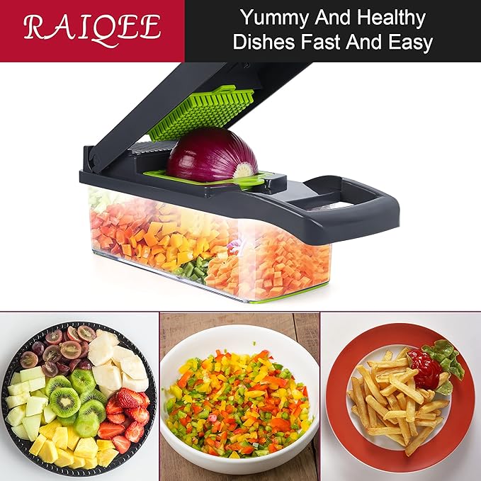 Vegetable Chopper Mandoline Slicer,Veggie Chopper, Multifunctional 10 in 1 Food Choppers, Kitchen Vegetable Slicer Dicer Cutter,Onion Mincer,Cheese Grater,Colander Basket,Kitchen Gadgets (Gray/Green)