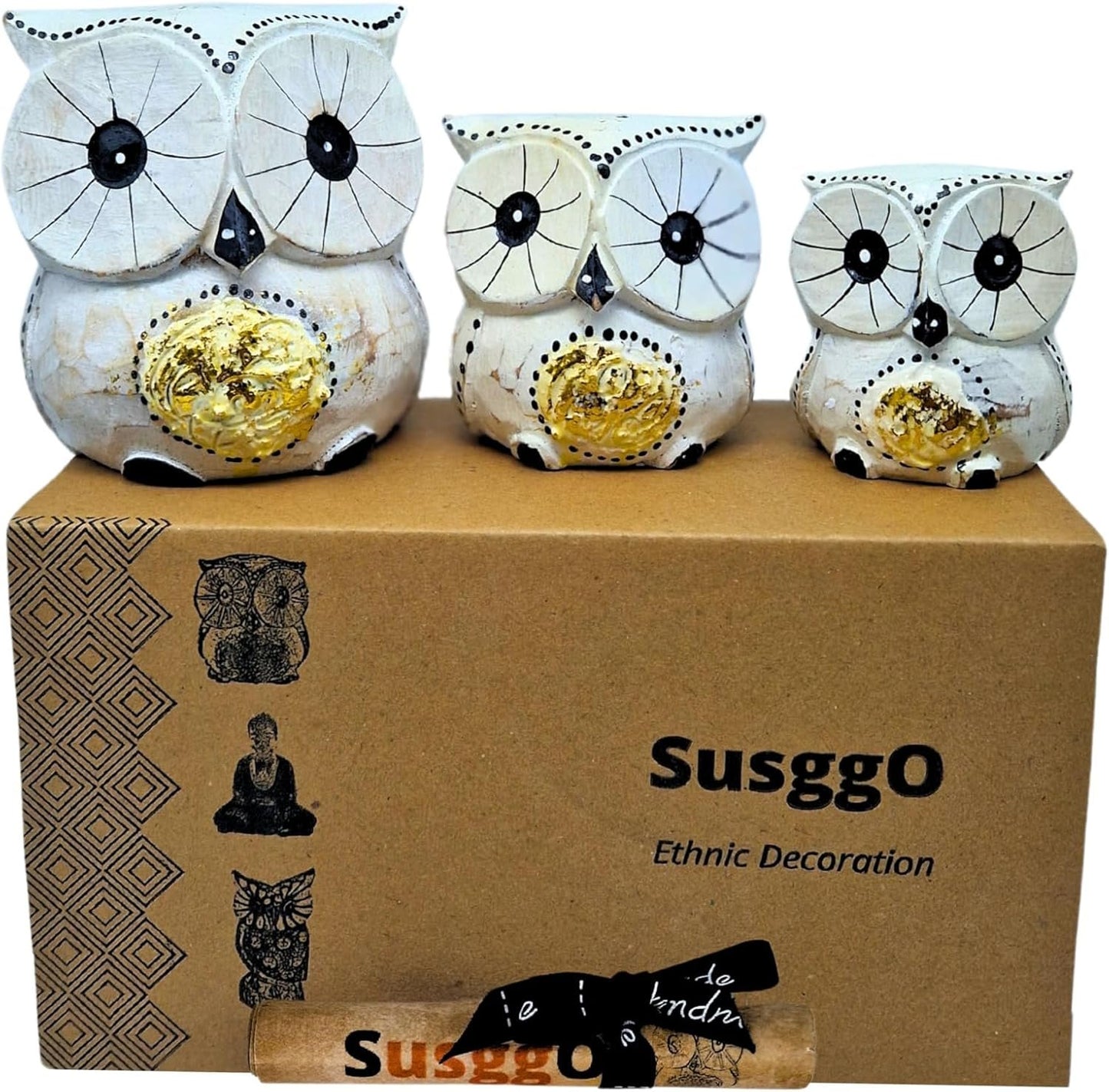 SusggO - Set of 3 Wooden Owls Decoration Hand Carved Lucky Owl Art Furniture Decoration (White Gold Details)