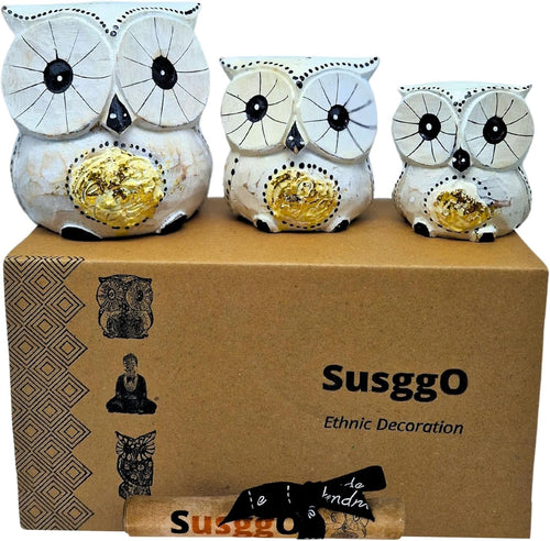 SusggO - Set of 3 Wooden Owls Decoration Hand Carved Lucky Owl Art Furniture Decoration (White Gold Details)