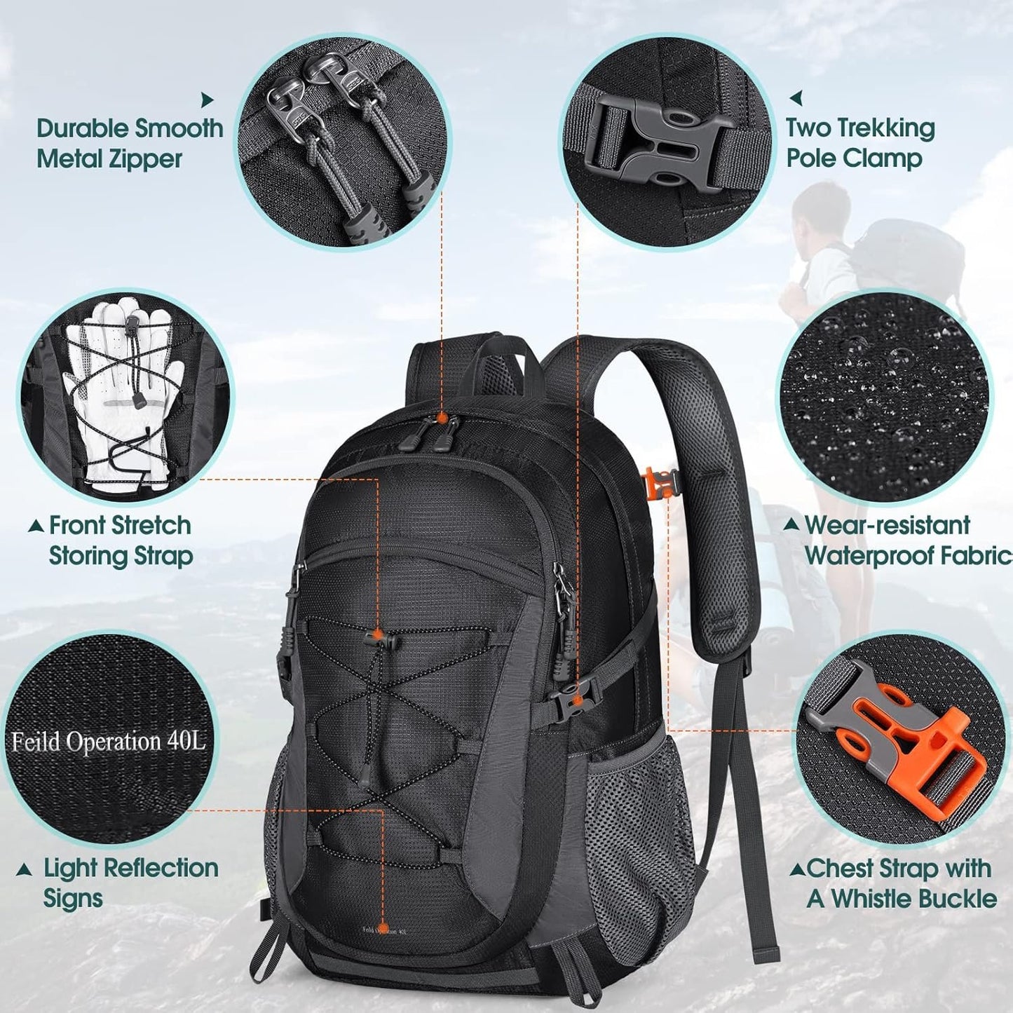 40L Hiking Backpacks, Packable Travel Backpack, Water Resistant Lightweight Foldable Daypack for Outdoor Hiking Climbing