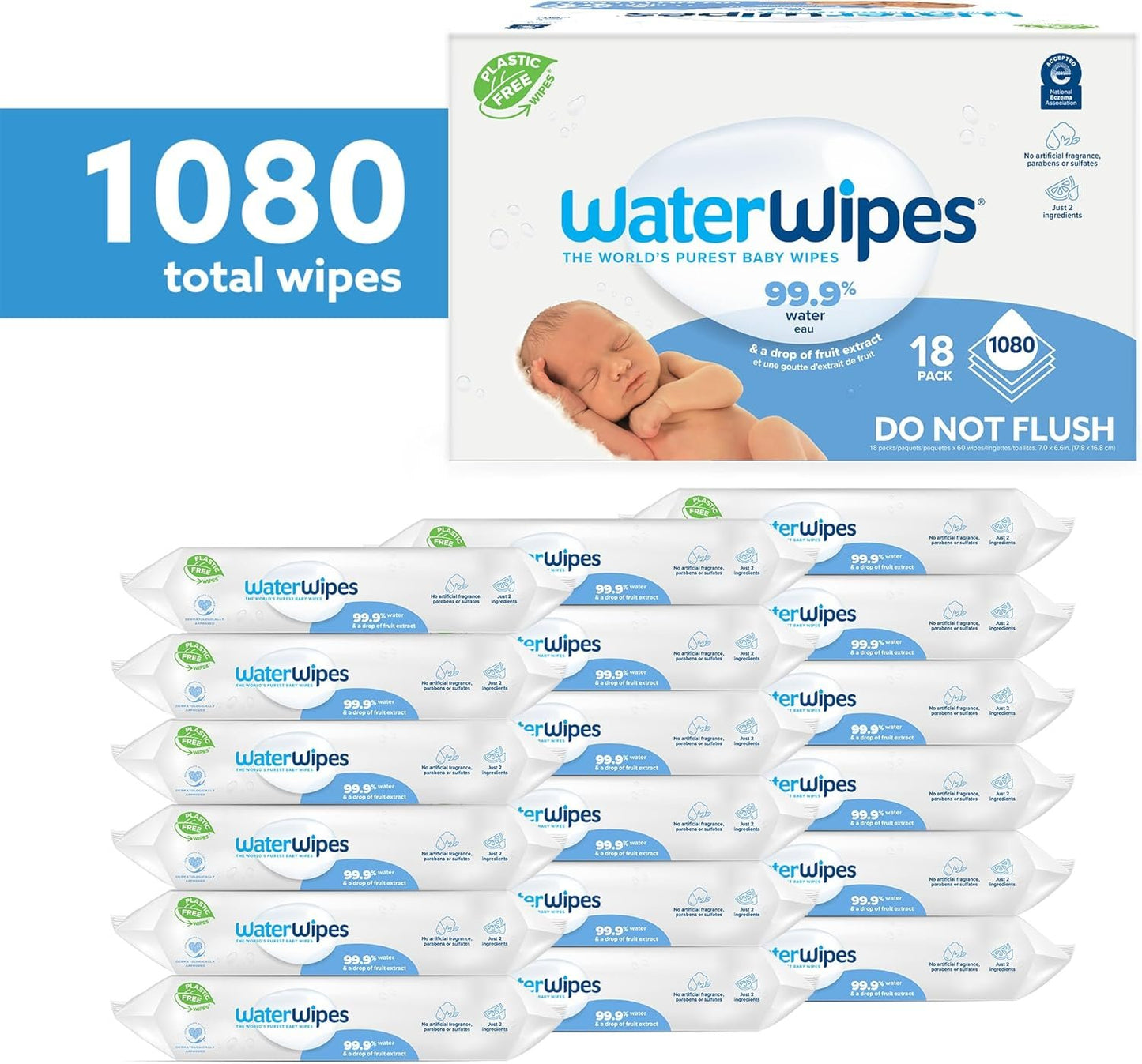 WaterWipes Plastic-Free Original Baby Wipes, 99.9% Water Based Wipes, Unscented & Hypoallergenic for Sensitive Skin, 1080 Count (18 packs)