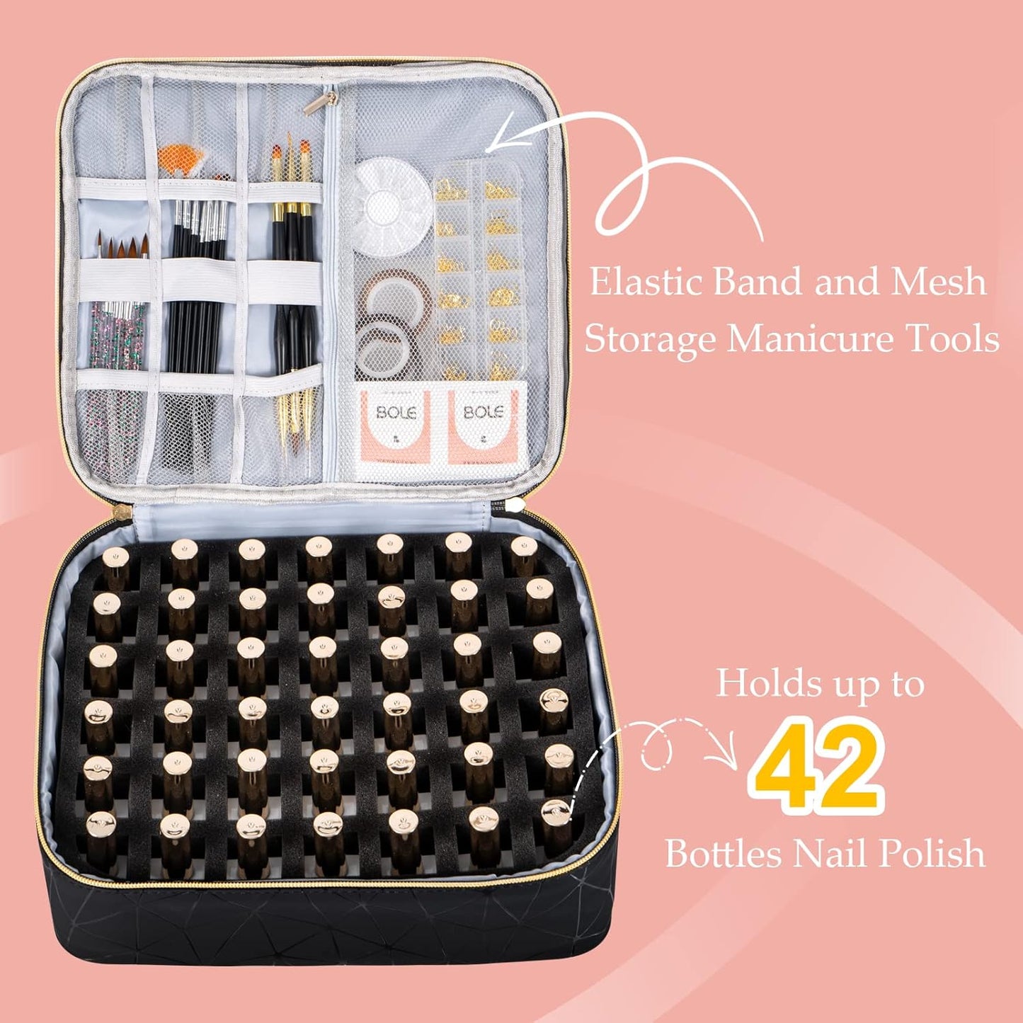 Uross Nail Polish Organizer Bag Holds 42 Bottles Nail Polish & Nail Lamp, Gel Nail Polish Organizers and Storage box for Nail Tech, Nail Kit Supplies Organizer Case - Black