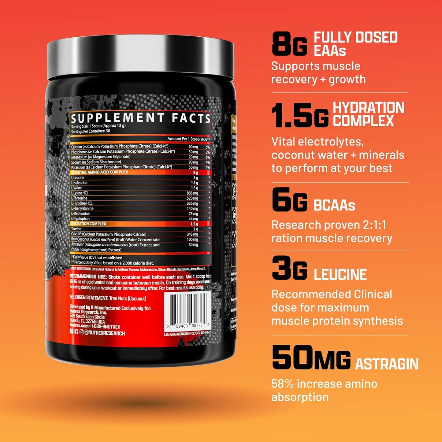 Nutrex Research EAA + Hydration Essential Amino Acids Supplement, Blood Orange 390 grams