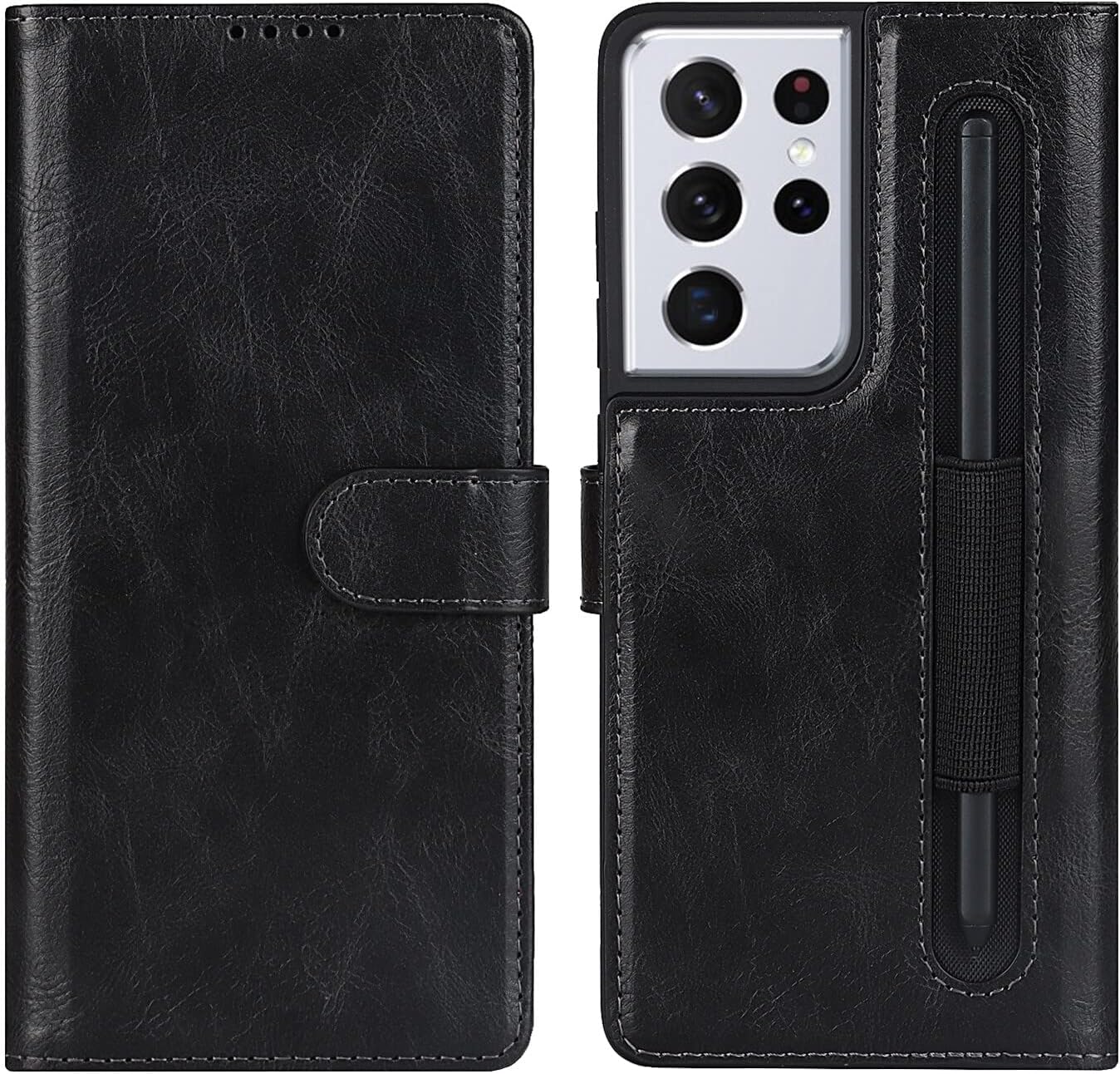 Cavor Wallet Case for Samsung Galaxy S21 Ultra 5G Case Crazy Horse Leather Flip Cover with S-Pen Pocket/S Pen Holder and Kickstand Card Slots Shockproof Protective Phone Cases-Black