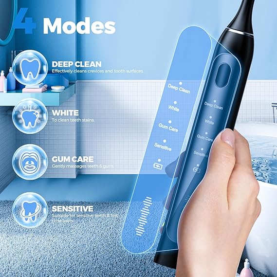 Electric Toothbrush for Adults – 42000 VPM Deep Clean Sonic Toothbrush with 6 Dupont Brush Heads & Travel Case, 4 Modes, 2-Minute Smart Timer, IPX7 Waterproof & USB Rechargeable