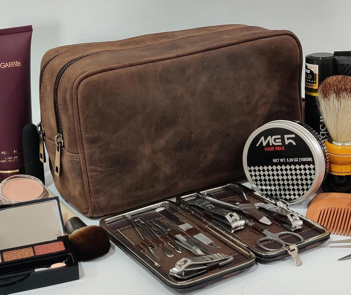 Genuine Leather Travel Toiletry Bag - Dopp Kit Organizer by Rustic Town (Dark Brown)