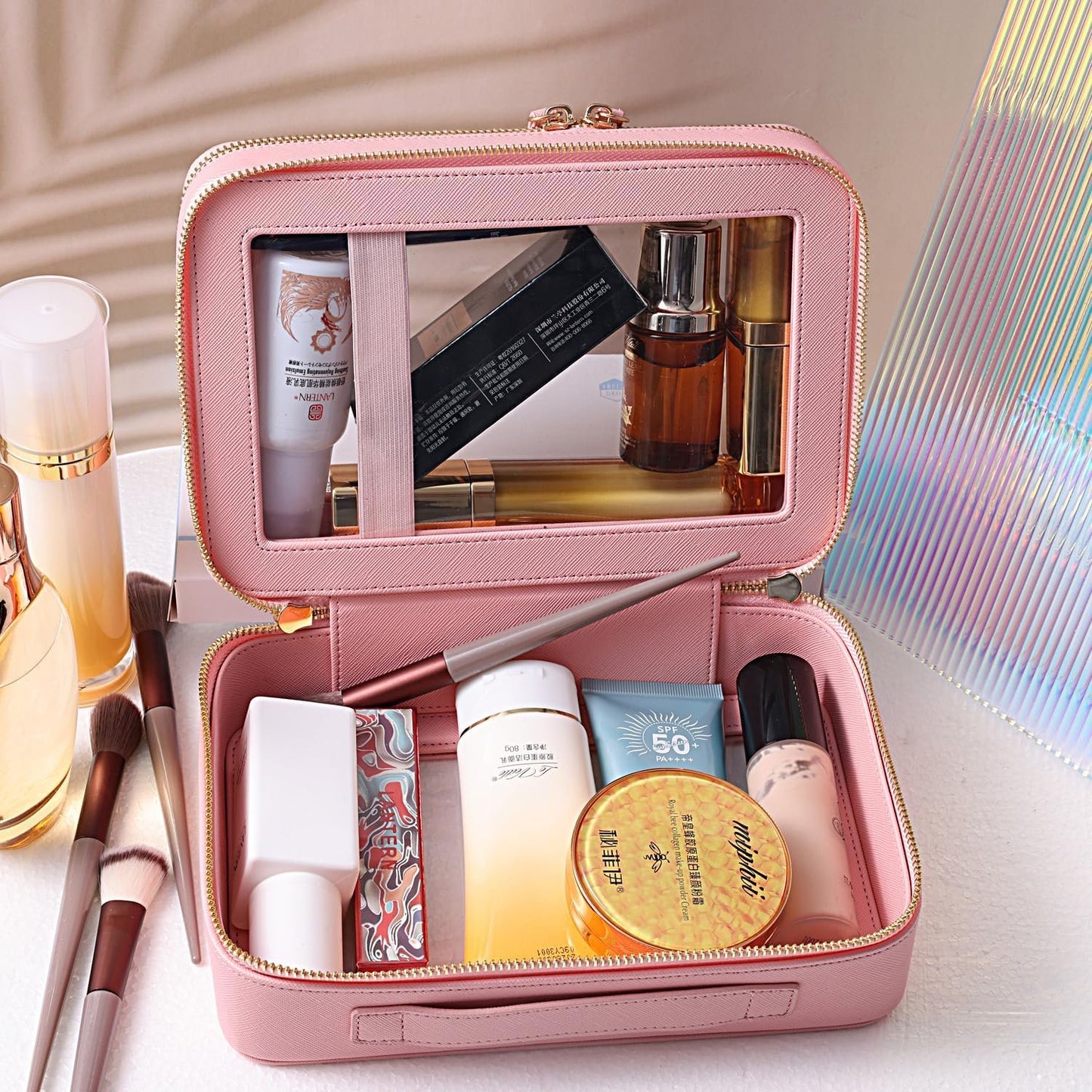 SANHECUN Clear Travel Toiletry bag Toiletry Case Carry on Travel Accessories Bag Makeup Bag, Pink, SHC-TL-2, Cosmetic Bag