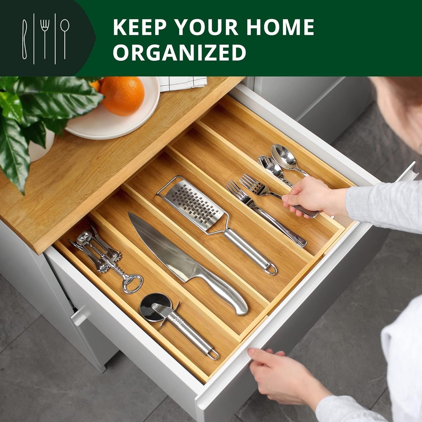 Bamboo Kitchen Drawer Organizer - Expandable Silverware Organizer/Utensil Holder and Cutlery Tray with Grooved Drawer Dividers for Flatware and Kitchen Utensils (Natural, 5 Slots)