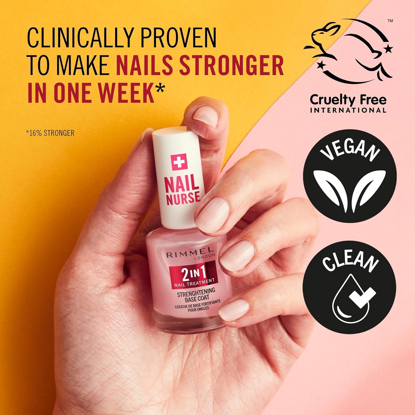 Rimmel London, Nail Care Base & Strengthener 2 in 1 Protects and Stimulates Growth - Fast Drying Vegan Formula with Celery Extract, Biotin and Amethyst 12ml