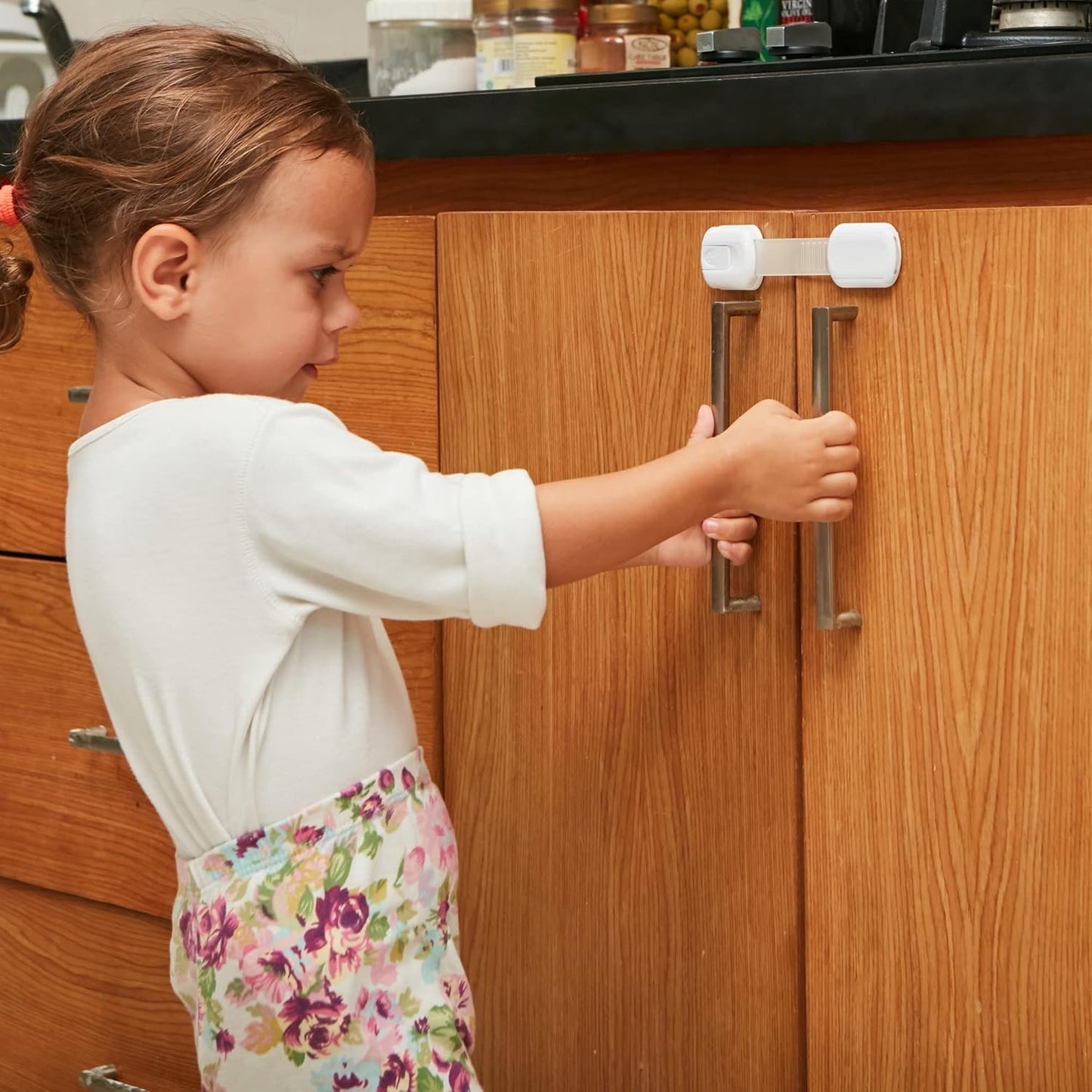 Child Safety Locks -VALUE PACK (10 Straps)- No Tools or Drilling -Adjustable Size/Flexible -Adhesive Furniture Latches For Cabinets, Drawers, Appliances, Toilet Seat, Fridge, Oven & More (White/White)